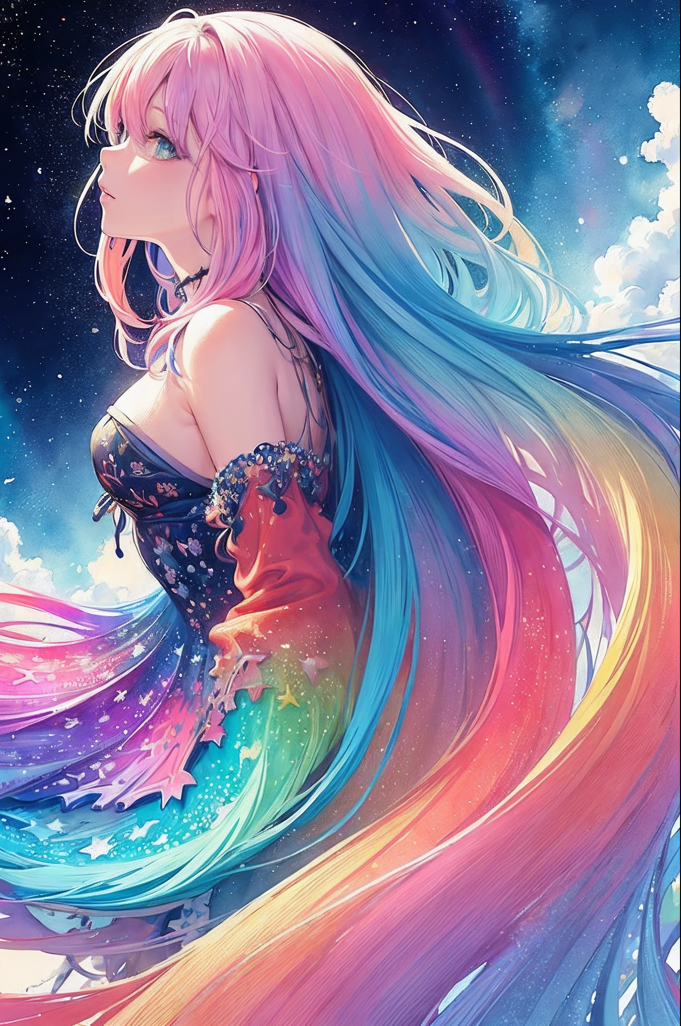 (masterpiece, top quality, best quality,watercolor (medium),official art, beautiful and aesthetic:1.2),(1girl:1.3), (fractal art:1.3),upper body, from side, looking at viewer,patterns,(rainbow color Hair,colorful hair,half blue and half pink hair:1.2),water,liquid, cloud,colorful, starry,stars,