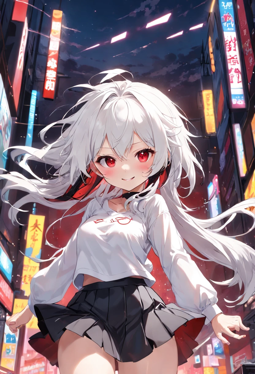 Anime girl smiles, White hair, Messy hair, Red eyes, Cute face, Girlfriend looks, White top, black short skirt, a sexy pose, Young person,on top of the bed