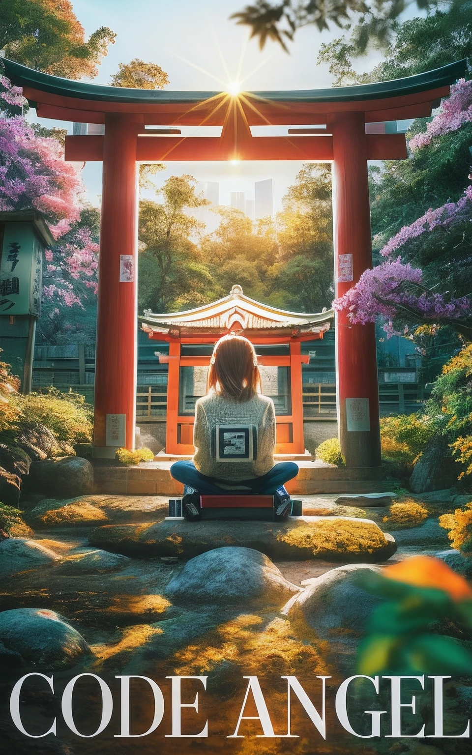 YA! Novel jacket, title text say"Code Angel" Photo of Cinematic: a 13 year old girl sitting in a small Japanese shrine between buildings in Akihabara, Tokyo, operating a laptop. The morning sun is shining. 8k, best rendering