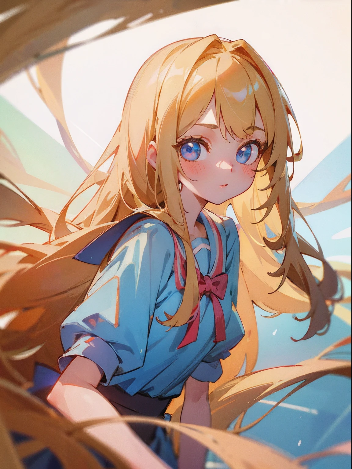 bright expression、photorealisim、top-quality、超A high resolution、a picture、Photos of the most beautiful Nordic girls、Detailed cute and beautiful face、a small face、(pureerosface_v1:0.008)、Beautiful bangs、alice in the wonderland、20yr old、Glowing white shiny skin、poneyTail、Bangs that extend to the face、bangss、Hair between the eyes、Super long hair、Attractive bright natural blonde super long silky hair、finer hair、Attractive glowing beautiful bright clear light blue big eyes、School Uniforms、student clothes、eye liner、Double eyelids、ample breasts
