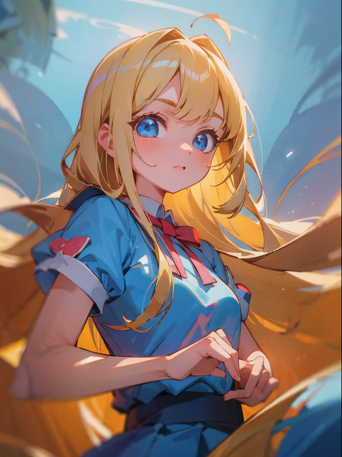 bright expression、photorealisim、top-quality、超A high resolution、a picture、Photos of the most beautiful Nordic girls、Detailed cute and beautiful face、a small face、(pureerosface_v1:0.008)、Beautiful bangs、alice in the wonderland、20yr old、Glowing white shiny skin、poneyTail、Bangs that extend to the face、bangss、Hair between the eyes、Super long hair、Attractive bright natural blonde super long silky hair、finer hair、Attractive glowing beautiful bright clear light blue big eyes、School Uniforms、student clothes、eye liner、Double eyelids、ample breasts