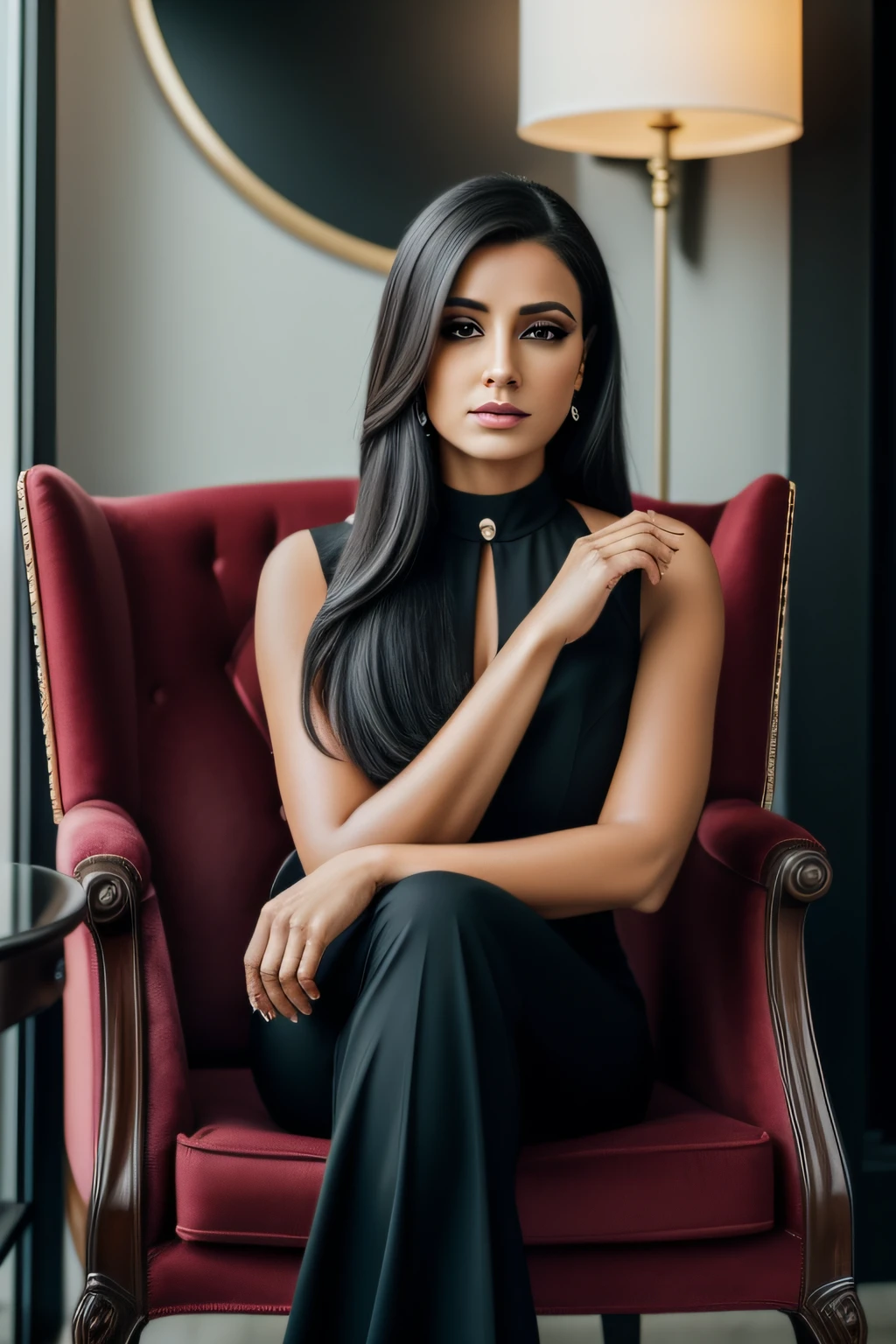 Uma senhora elegante em uma roupa preta sob medida, seu rosto iluminado pela luz, sentado em uma poltrona, Cabelos lisos, olhar sedutor, with a serious expression, uma mulher importante, business, Business Owner, conselheiro do amor