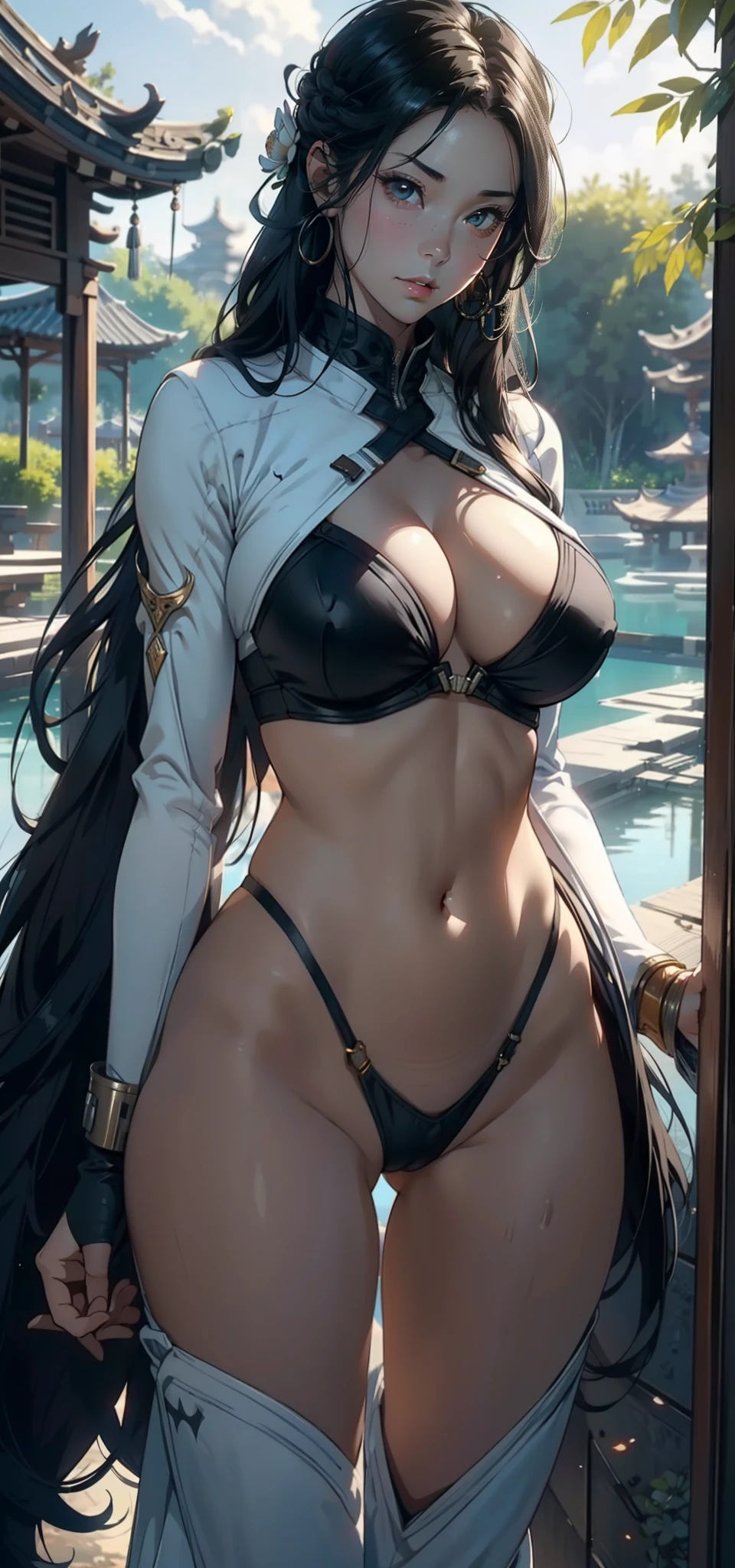 1female,35yo,A MILF,熟妇,huge tit,long leges,Big breasts Thin waist, 独奏,(Background with:Lotus pond,bamboo forrest) She has long black hair,,Combat posture,seen from the front, hair straight, mostly cloudy sky,(((tmasterpiece),(Very detailed CG unity 8K wallpaper),best qualtiy,cinmatic lighting,detailed back ground,beatiful detailed eyes,Bright pupils,Black eyes,(Very fine and beautiful),(Beautiful and detailed eye description),ultra - detailed,tmasterpiece,)),facing at camera,A high resolution,ultra - detailed),revealing breasts,Bare genitalia, Bulge,legs are open,Raised sexy,Camel toes,Flushed complexion,Desire for dissatisfaction,frontage,(Wearing:Sexy Imperial stormtrooper uniform,比基尼,Armour,)Star Wars style