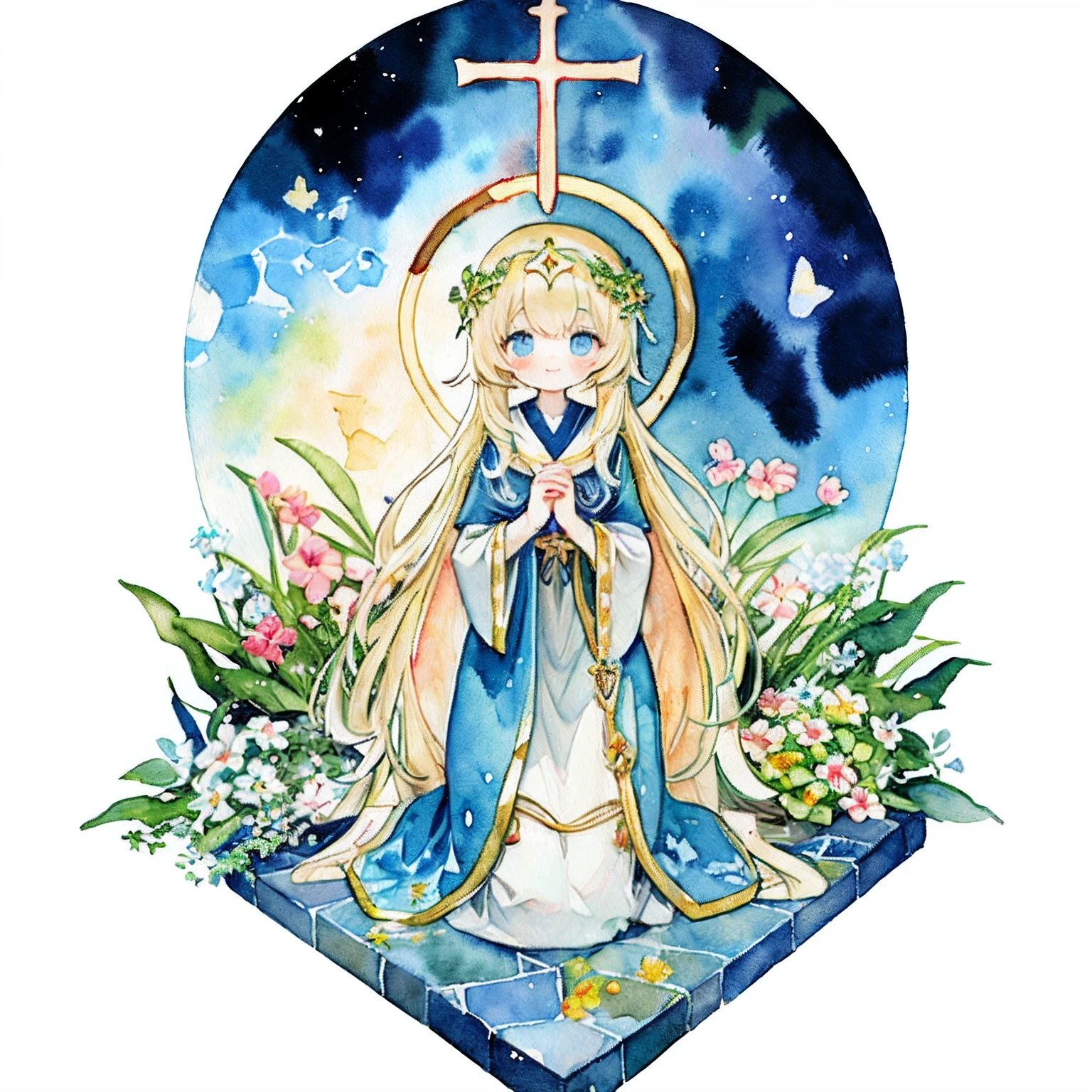 PastelColors:1.5)、(Cute illustration:1.5)、(watercolor paiting:1.2)、Light blue background、girl with、full body Esbian、A smile、Stranger、Pale yellow all over、Moya、marble、Holy Church、sacred place、divine atmosphere、Saint a girl、pray、Statue of the Goddess、Hexagonal light、Deities々Right、blonde  hair、beautiful  Girl、Clear、lots of flower、Flowers flutter