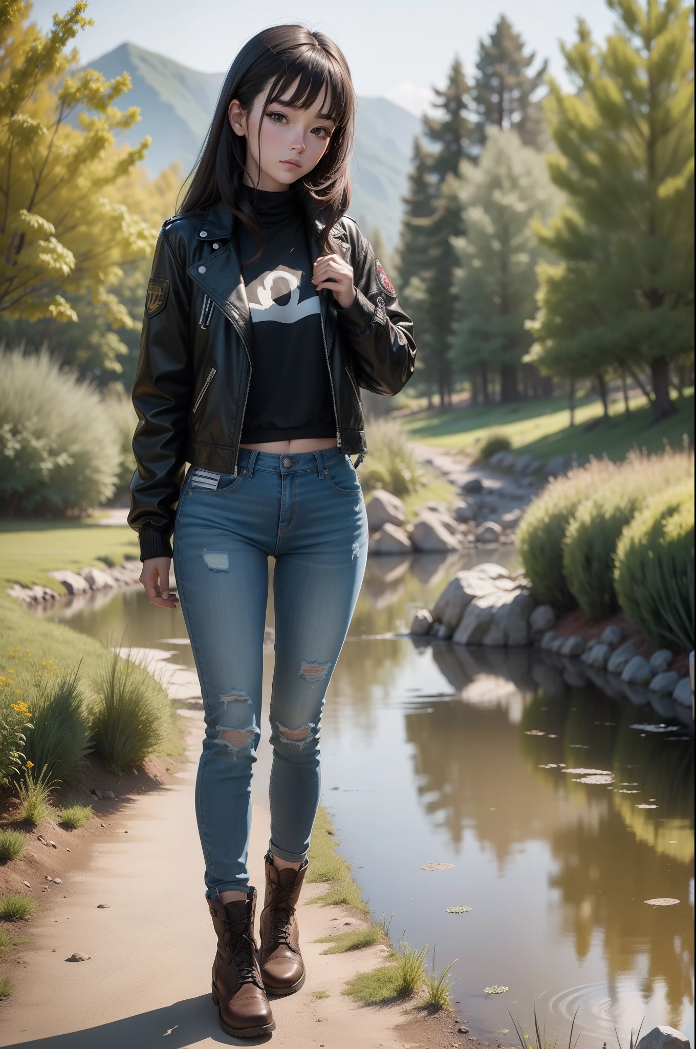 Masterpiece, Best quality, Extremely detailed1.5) BREAK 1girl, The focus of the solo is on the countryside，Facing the pond sits by the pond，Fishing rod in hand，There are fishing equipment next to him，Fishing girl，，22 year old，realisticlying，She wears a black leather jacket，Wear jeans on the bottom，Wear brown Martin boots on your feet