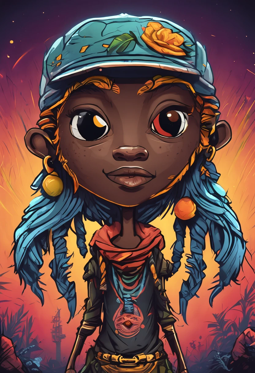 t-shirt art, 2D, ((black background :1, 5)), vector, vivid colors, chibi rasta outfit character, masterpiece, best quality, intricate details, perfect symmetrical face, realistic details, gothic theme, rim light, moonlight, cinematic shading, Greg Rutkowisk