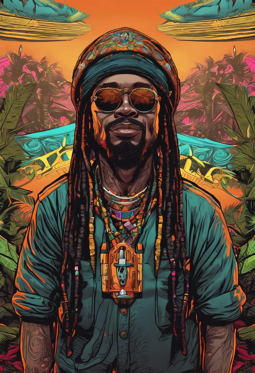 t-shirt art, 2D, ((black background :1, 5)), vector, vivid colors, chibi rasta outfit character, masterpiece, best quality, intricate details, perfect symmetrical face, realistic details, gothic theme, rim light, moonlight, cinematic shading, Greg Rutkowisk