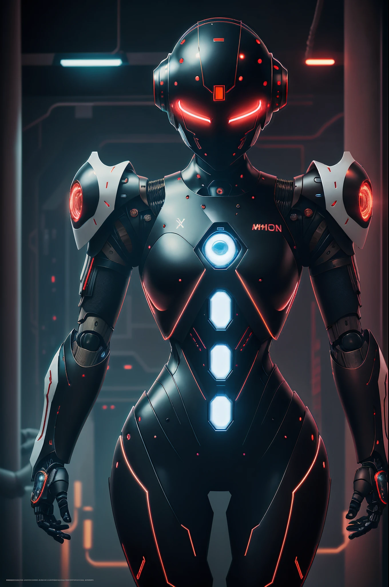 a close up of a mshn robot , futobot, cyborg , wearing cyberhelmet, 6 glowing eyes , white female body and armor, mshn factory, tubes connected to neck, neon light
photorealistic, masterpiece, best quality, 35mm film, film grains, cyberpunk,EbonyGoldAI