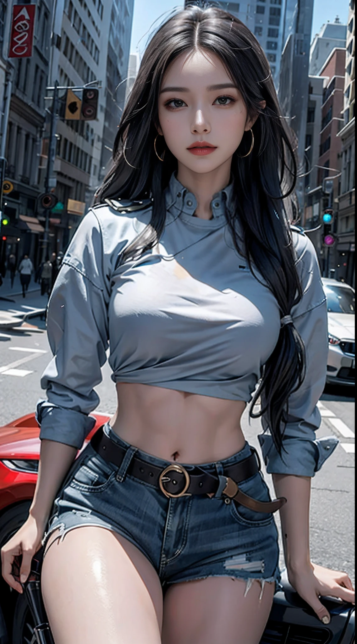 photorealistic, high resolution, 1women, solo, hips up, look at viewer, (detailed face), long hair, tattoo, jewelry, police uniform