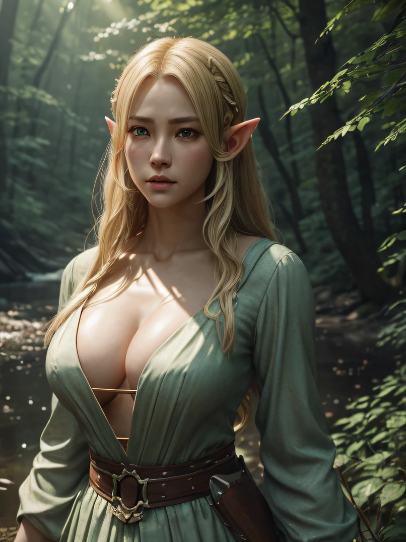 (masutepiece, Best Quality, awardwinning, hight resolution), One Beautiful Female Elf, cleavage, tall, skinny, Light blonde hair, Classy dresses、Complex and beautiful design、extremely detailed beautiful face, Western Faces、Triangular face, Rest on the banks of the river、the woods、Leaf flow、strong breeze、Sunshine in the forest, Epic fantasy art, colorful art、Dynamic lighting、Cinematic lighting、Hyper realistic、Very CG detail、Octane Render