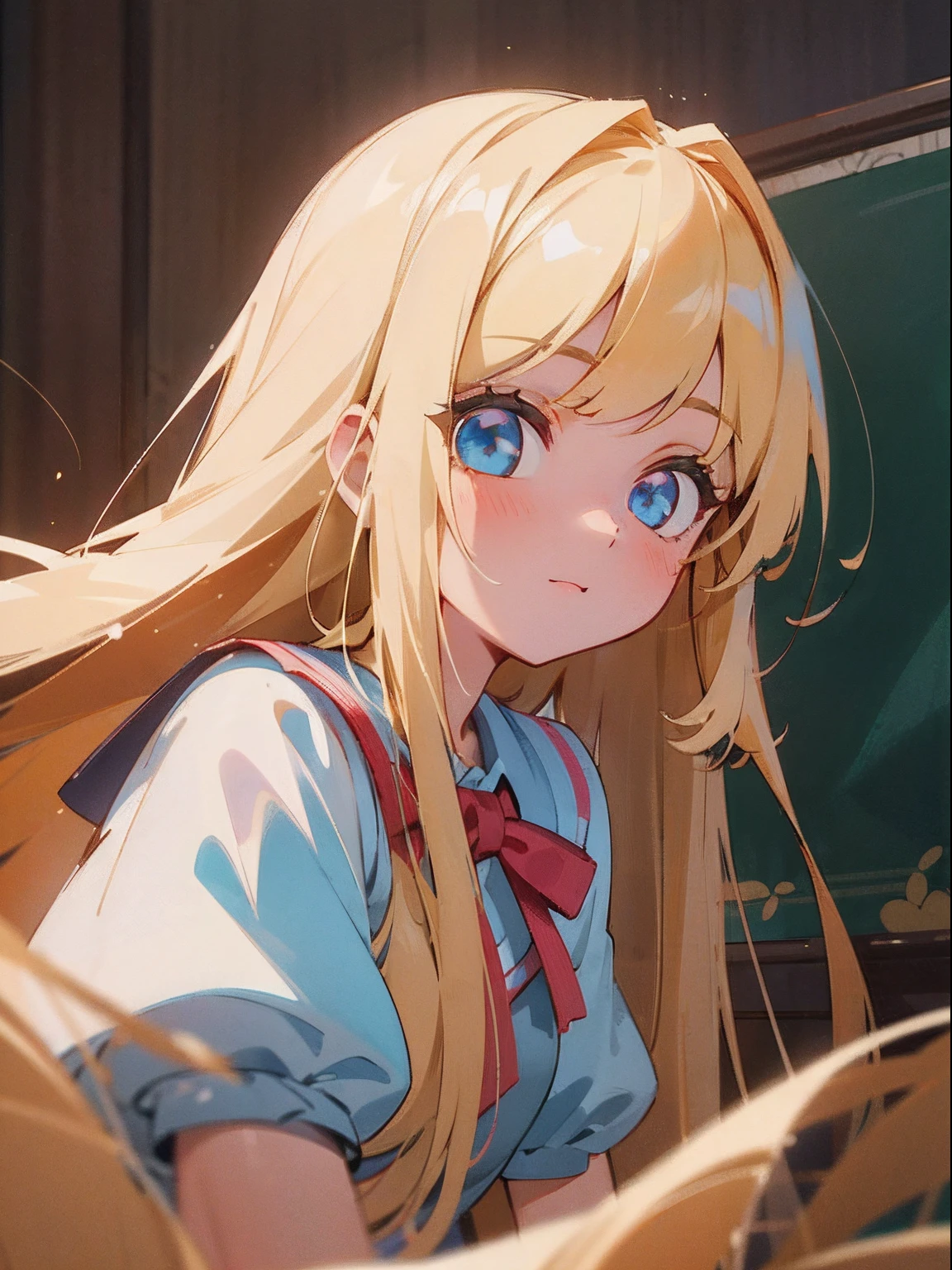bright expression、photorealisim、top-quality、超A high resolution、a picture、Photos of the most beautiful Nordic girls、Detailed cute and beautiful face、a small face、(pureerosface_v1:0.008)、Beautiful bangs、alice in the wonderland、20yr old、Glowing white shiny skin、poneyTail、Bangs that extend to the face、bangss、Hair between the eyes、Super long hair、The most beautiful blonde super long silky hair in the world、finer hair、Attractive glowing beautiful bright clear light blue big eyes、School Uniforms、student clothes、eye liner、Double eyelids、ample breasts