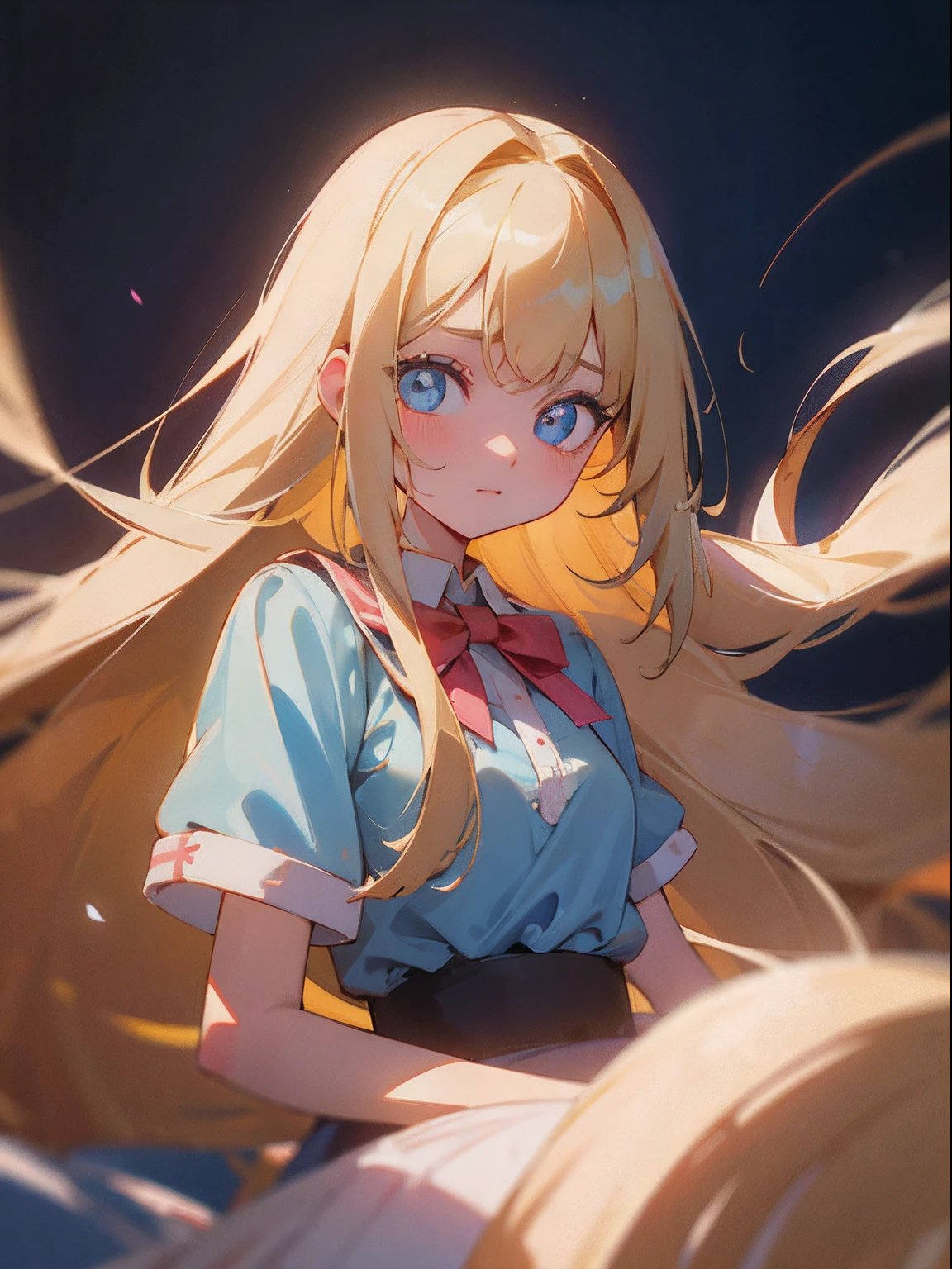 bright expression、photorealisim、top-quality、超A high resolution、a picture、Photos of the most beautiful Nordic girls、Detailed cute and beautiful face、a small face、(pureerosface_v1:0.008)、Beautiful bangs、alice in the wonderland、20yr old、Glowing white shiny skin、poneyTail、Bangs that extend to the face、bangss、Hair between the eyes、Super long hair、The most beautiful blonde super long silky hair in the world、finer hair、Attractive glowing beautiful bright clear light blue big eyes、School Uniforms、student clothes、eye liner、Double eyelids、ample breasts