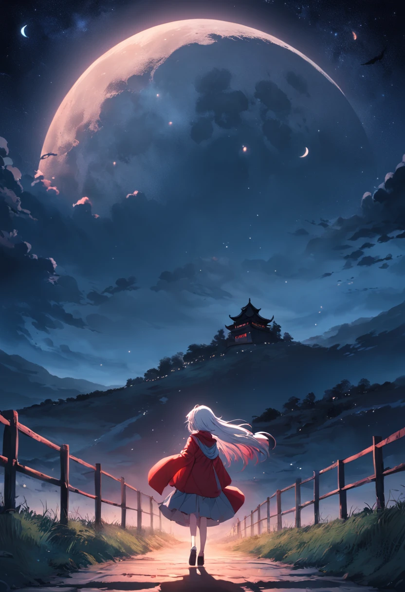 Moonlight,The way down,straight,Duan,pathway, starrysky,during night, Moonshine scent,Light red scene