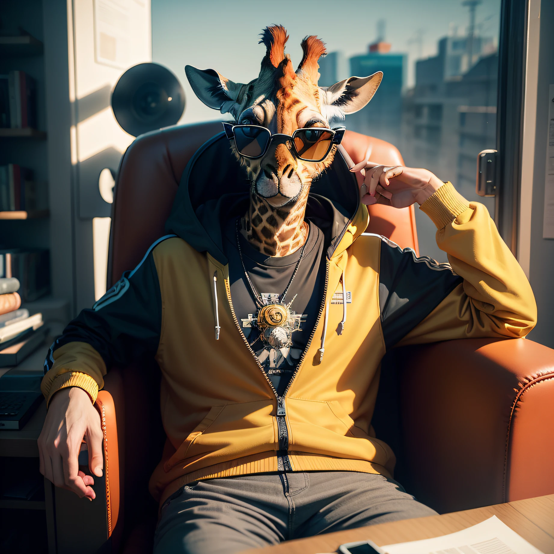 Giraffe wearing sunglasses and colourful jacket and pants sitting on a chair, with neck tattoos looking evil and sinister inspired by Chris LaBrooy, inspired by Mike Winkelmann, by Chris LaBrooy, by Mike Winkelmann, beeple style, photography alexey gurylev, beeple and jean giraud, beeple. hyperrealism, photography alexey kurylev