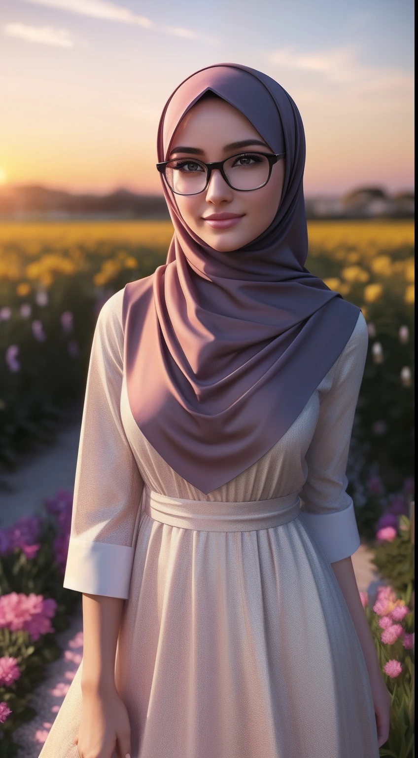 ultra realistic,16k,enhanced quality, perfect face, perfecthands, perfect body, ultra detailed,1girl,perfect hair, girl wearing glasses, perfect glasses, perfectsmile, ultra realistic, ultra realistic background, ultra realistic sunset, ultra realistic clouds, standing in a garden of flowers, girl look at viewer, ultra realistic glowing butterfly, girl wearing perfect hijab, ultra realistic particles, perfect duck lips ,islamic hijab,