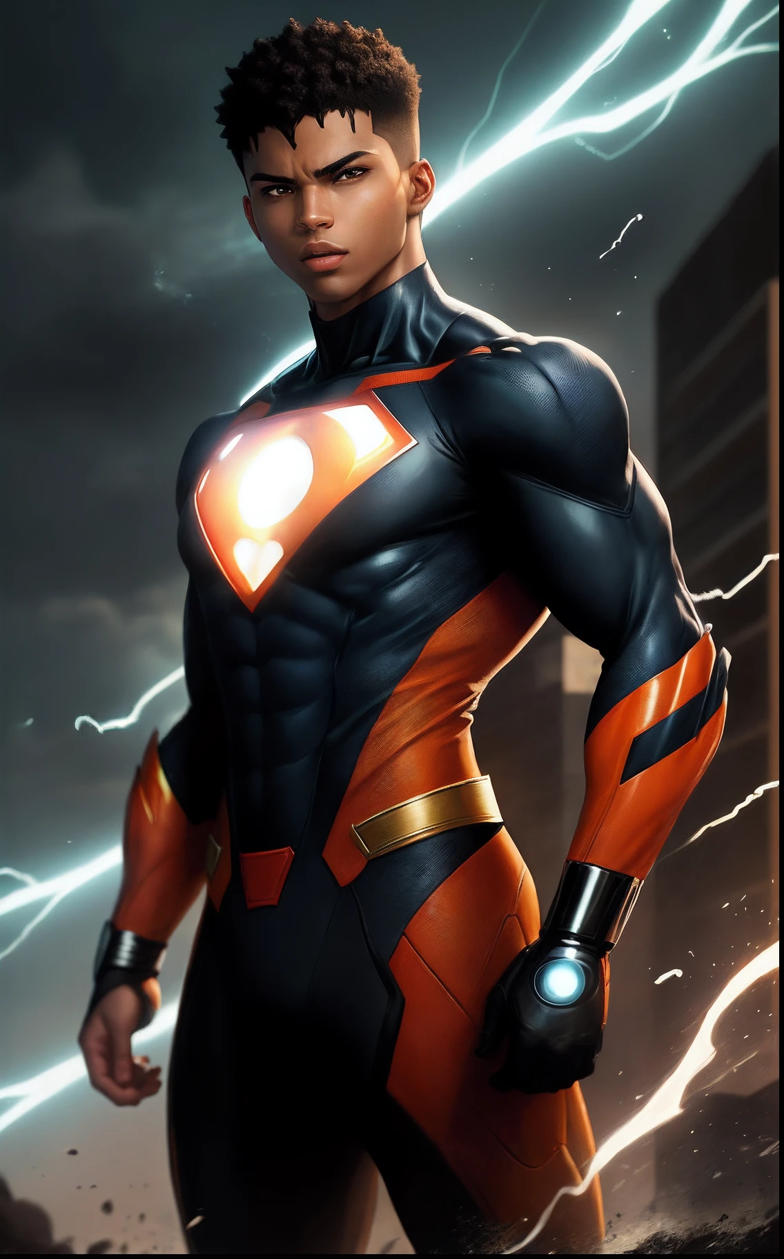 Light brown skinned superhero with cropped hair with telekinesis powers in black with orange uniform