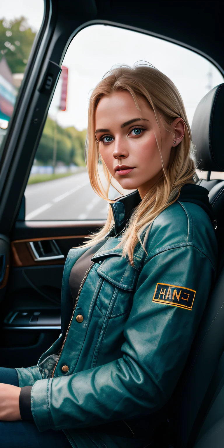 Meisterwerk, Beautiful blonde german girl ((Sitzen im Auto, Outfit aus rotem Leder)), Beleuchtung bei Sonnenuntergang, Wohnquartiere, sehr detailliert, Dramatische Beleuchtung, Digitale Kunst im Trend auf Artstation 8k HD High Definition detailliert realistisch, Detailliert, Hautstruktur, Hyper detailliert, Realistische Hautstruktur, armour, best quality, ultra-high resolution, (fotorealistisch:1.4), high resolution, Detailliert, RAW-Foto, Scharfe Re, Von Lee Jeffries Nikon D850 Film Stockfotografie 4 Kodak Portra 400 Kamera F1.6 Linsen, satte Farben, hyperrealistische, lebensechte Textur, dramatische Beleuchtung, Unrealengine, die auf ArtStation Cinestill 800 im Trend liegt,