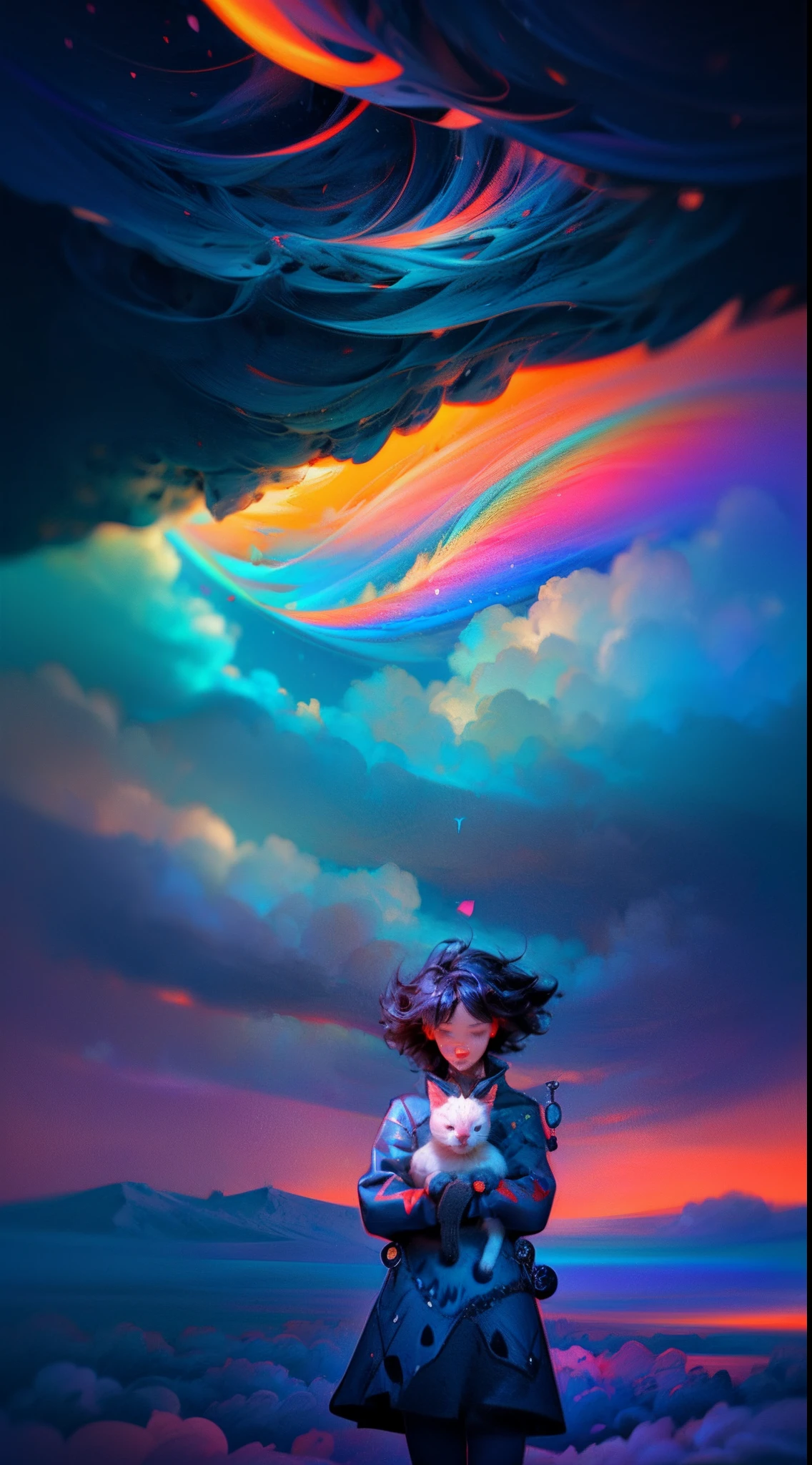 ((Rainbow Daytime Sky))、Anime girl cuddling a cat,Near Future City、 makoto shinkai cyril rolando, anime art wallpaper 4k, anime art wallpaper 4k, Anime art wallpaper 8k, inspired by Cyril Rolando, in the style dan mumford artwork, amazing wallpapers, by Yuumei