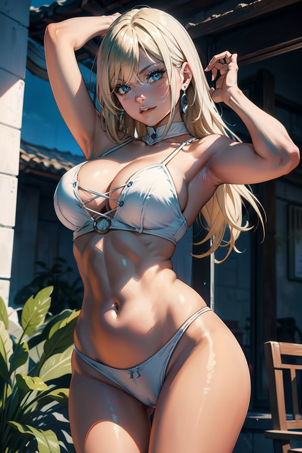 Una prechica，smil, Mirando a Viewert, （sagging breasts，Cuerpo hechizante：1.2）Cabello de color blanco：1.1，cuerpo completo1:1，hermosas piernas，Semidesnudez，Hermosa y seductora mujer de anime, seductoras chicas de anime，en cuclillas，separa las piernas。