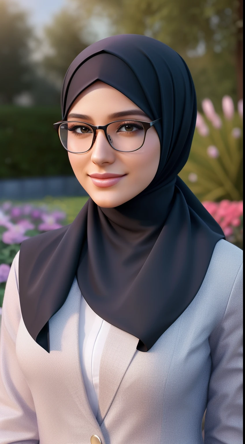 ultra realistic,16k,enhanced quality, perfect face, perfecthands, perfect body, ultra detailed,1girl,perfect hair, girl wearing glasses, perfect glasses, perfectsmile, ultra realistic, ultra realistic background, ultra realistic sunset, ultra realistic clouds, standing in a garden of flowers, girl look at viewer, ultra realistic glowing butterfly, girl wearing perfect hijab, ultra realistic particles, perfect duck lips ,islamic hijab,