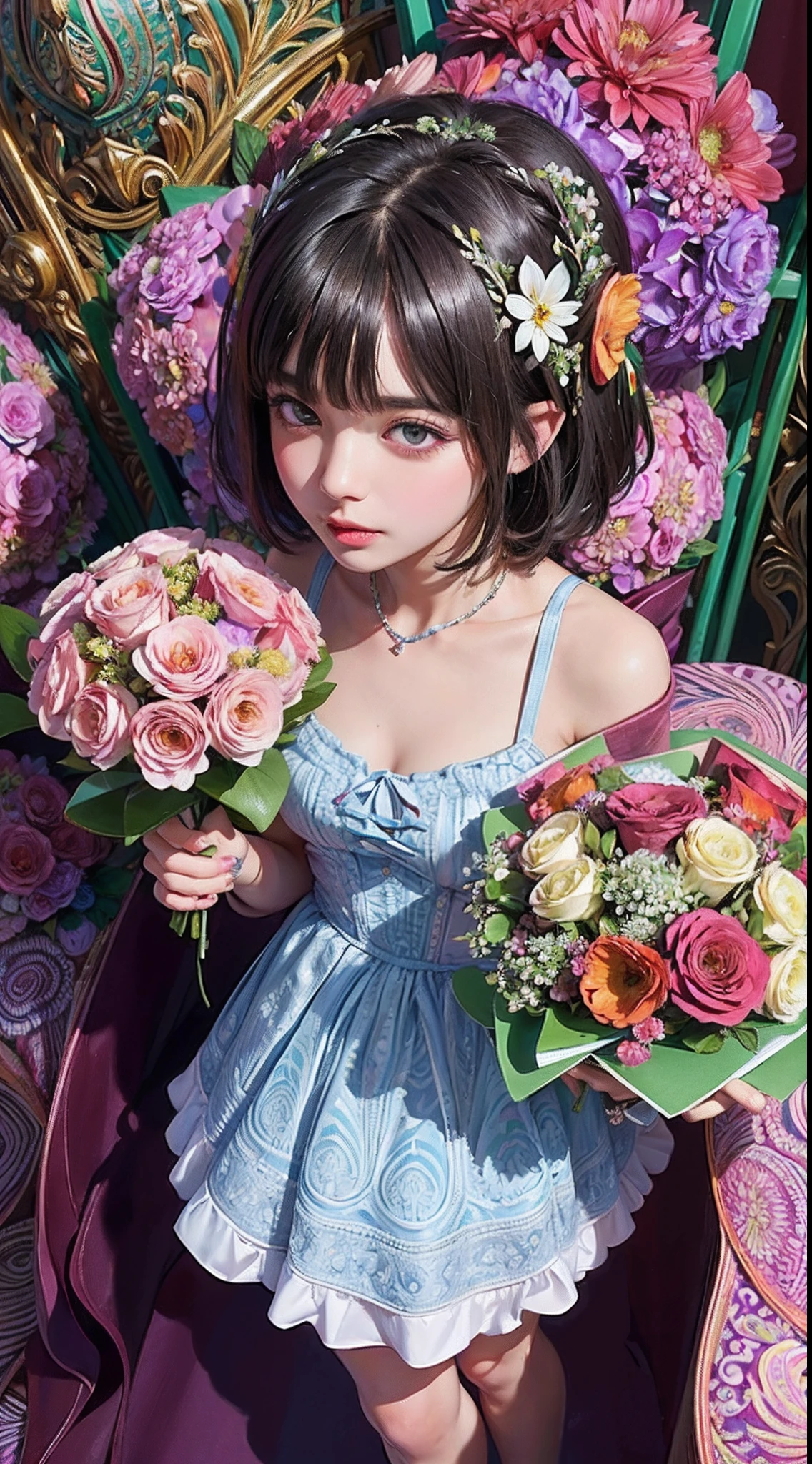 A beautiful girl was presented with the most beautiful flowers. Super detail. Multicolored. Super quality. Lots of colors. Flowers. Beauty. City.