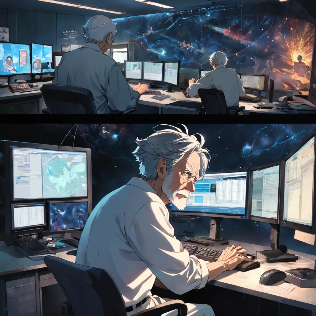 An old man with gray hair sits in front of a computer in an open-plan office,Work with a collage of several images on a monitor with the mouse in hand,Looking at the monitor the image is realistic in 4K