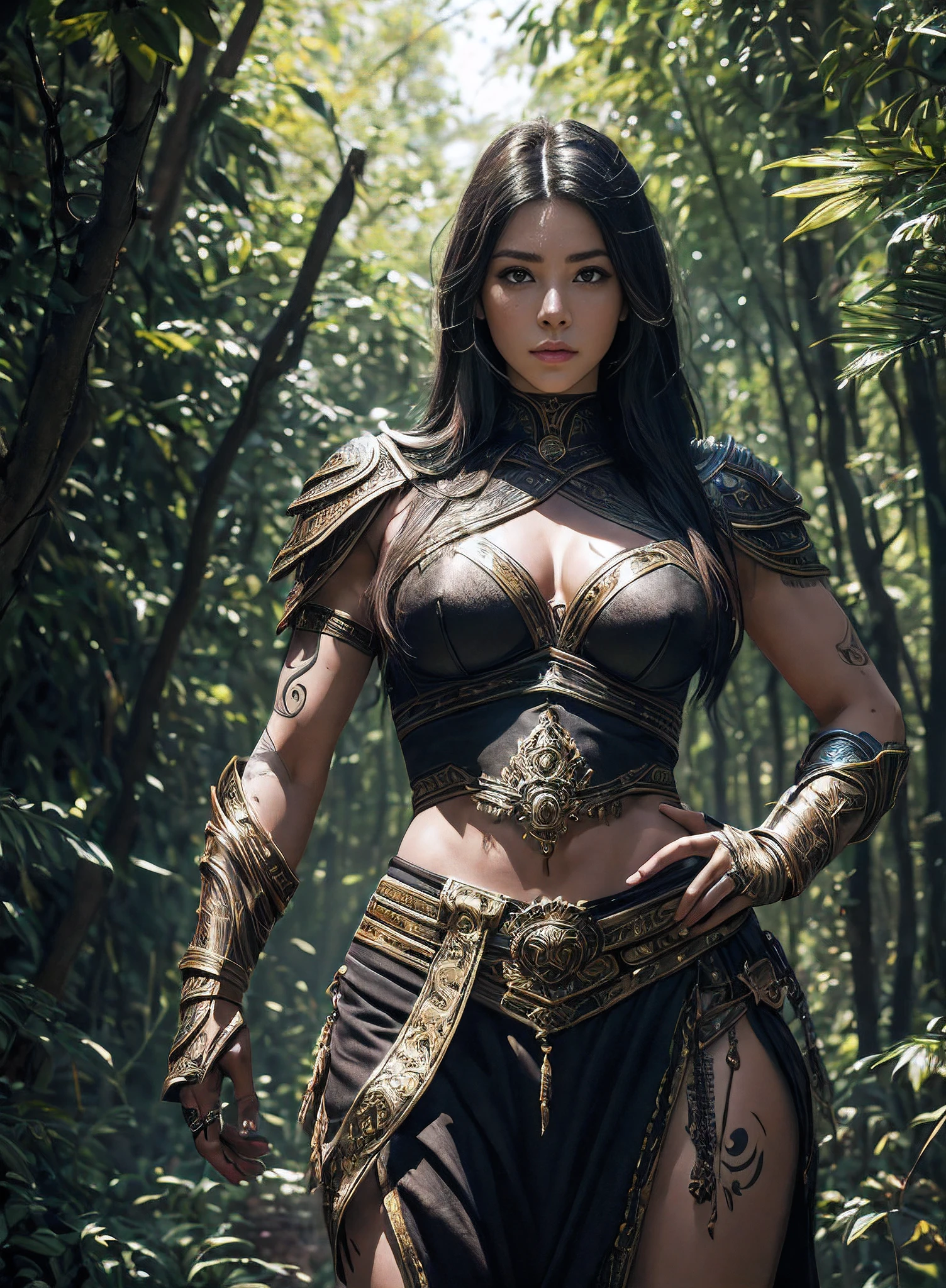 ((of the highest quality: 1.4))), (unparalleled masterpiece ever), (Ultra high definition), (art by Carne Griffiths), (Ultra-realistic 8K CG), Official art, Hands on hips, viewed from below, (dark shot), Beautiful Female Warrior, Highly detailed armor and gauntlets, hair messy, Beautiful clean face, muscular body:1.4, Tanned skin:1.2, Portrait of half body from head to thigh, Many tribal tattoos on the body, curvy body:1.2, Ancient Roman city background, beautiful shadow、Sunlight creates a beautiful shadow gradient、Add depth to an image, (Muted colors, dim colors, Muted Tones: 1.3), Low saturation, (Hyper Detail: 1.2), Perfect Anatomy,,