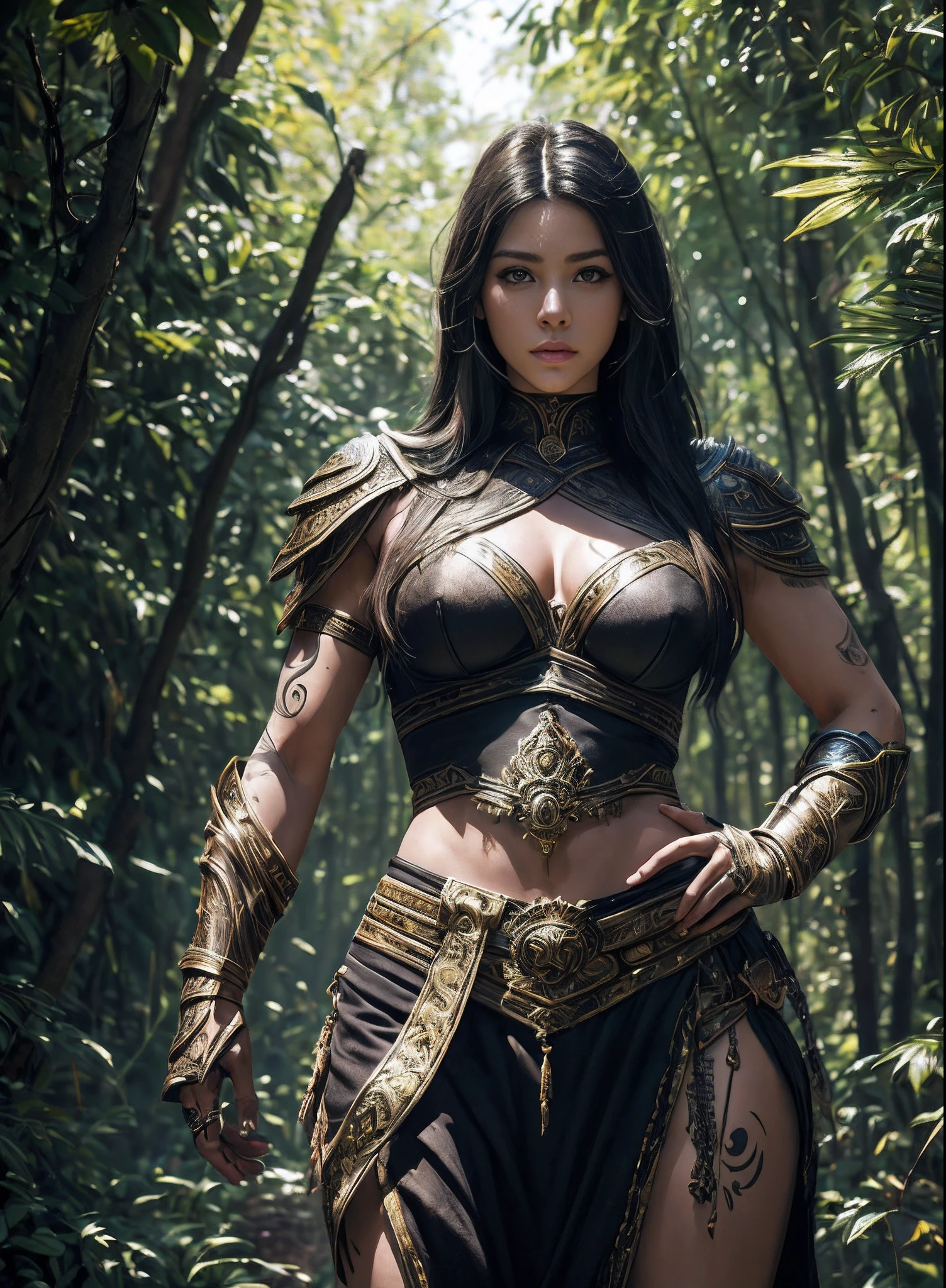 ((of the highest quality: 1.4))), (unparalleled masterpiece ever), (Ultra high definition), (art by Carne Griffiths), (Ultra-realistic 8K CG), Official art, Hands on hips, viewed from below, (dark shot), Beautiful Female Warrior, Highly detailed armor and gauntlets, hair messy, Beautiful clean face, muscular body:1.4, Tanned skin:1.2, Portrait of half body from head to thigh, Many tribal tattoos on the body, curvy body:1.2, Ancient Roman city background, beautiful shadow、Sunlight creates a beautiful shadow gradient、Add depth to an image, (Muted colors, dim colors, Muted Tones: 1.3), Low saturation, (Hyper Detail: 1.2), Perfect Anatomy,,
