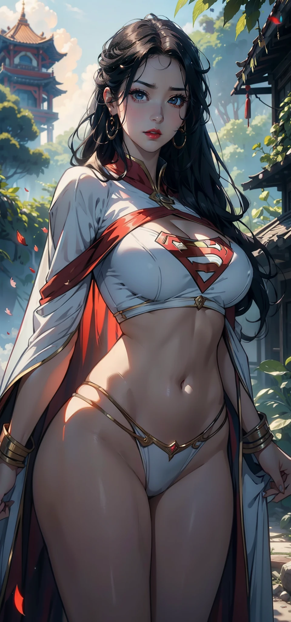 1womanl,43 yeas old,A MILF,熟妇,Huge breasts,Big breasts Thin waist,long leges,plumw,Raised sexy,Pornographic exposure, 独奏,Combat posture,(Background with:the rainforest,waterfallr,)Snow-white skin, She has long black hair,Long hair flutters in the wind,Redlip,Expression of anger,seen from the front, hair straight, mostly cloudy sky,(((tmasterpiece),(Very detailed CG unity 8K wallpaper),best qualtiy,cinmatic lighting,detailed back ground,beatiful detailed eyes,Bright pupils,(Very fine and beautiful),(Beautiful and detailed eye description),Black eyes,Redlip,ultra - detailed,tmasterpiece,)),facing at camera,(The upper part of the body),A high resolution,ultra - detailed),Red petal decoration on the forehead,revealing breasts,Bare genitalia, Bulge,legs are open,sexyposture,Camel toes,Flushed complexion,Supergirl,frontage,(Wearing:Superman uniform,White cloak,)Ancient Indian style