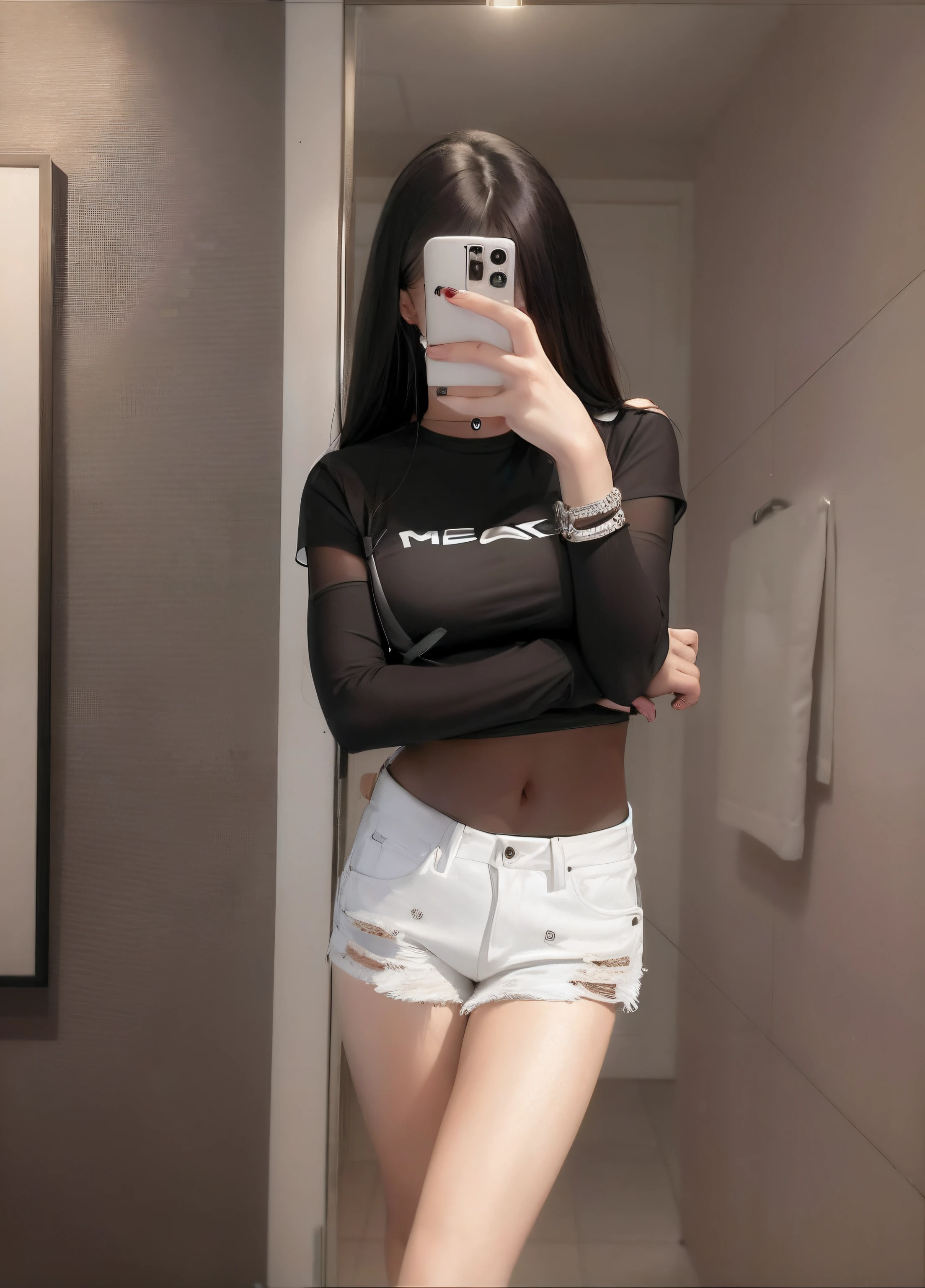 there is a woman that is taking a selfie in a mirror, with ripped crop t - shirt, 2 4 old female model, photo of slim girl model, short jeans pants, wearing sexy cropped top, Thin waist, photo of slim girl, Her navel was exposed, sexy girl wearing shorts, exposed midriff, skinny waist and thick hips, big breasts thin waist