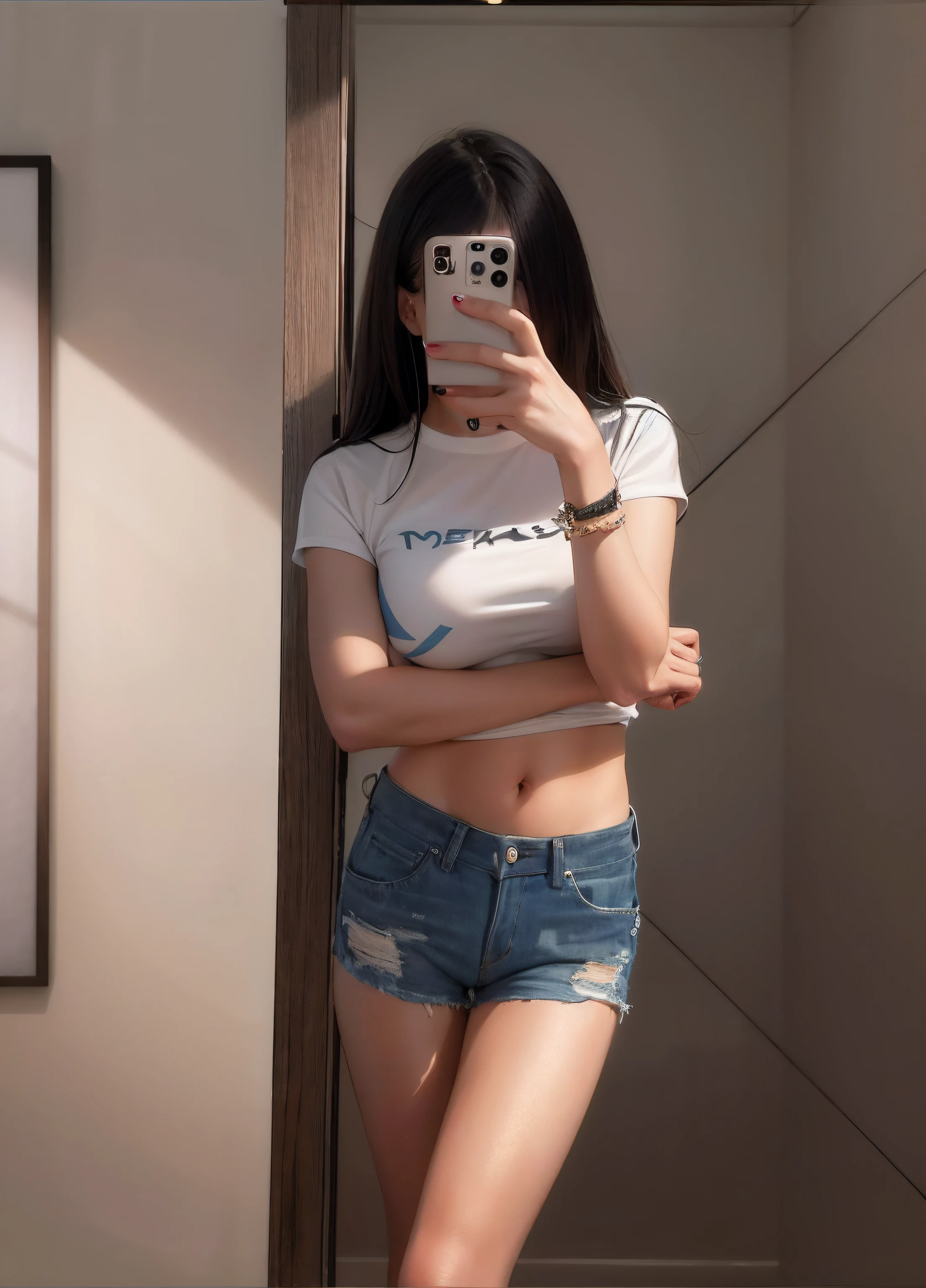 there is a woman that is standing in front of a mirror, photo of slim girl, Waist Shot, photo of slim girl model, 1 8 yes, half-body photo, 2 4 year old female model, 2 5 years old, half body crop, 2 7 years old, (38yr), sexy body and sexy belly, 2 9 years old