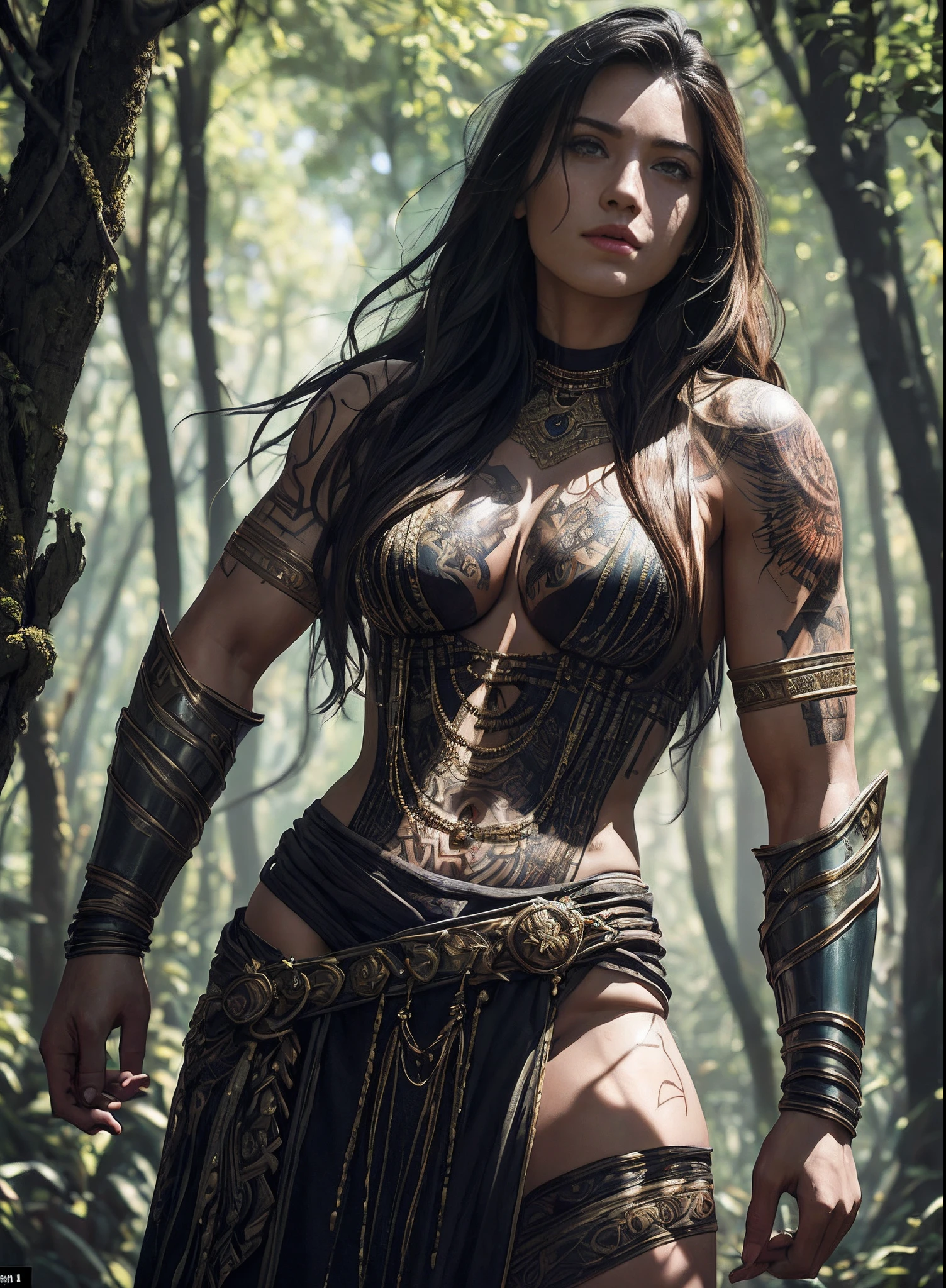 ((of the highest quality: 1.4))), (unparalleled masterpiece ever), (Ultra high definition), (art by Carne Griffiths), (Ultra-realistic 8K CG), Official art, Hands on hips, viewed from below, (dark shot), Beautiful gladiators, Highly detailed armor and gauntlets, hair messy, Beautiful clean face, muscular body:1.4, Tanned skin:1.2, Portrait of half body from head to thigh, Many tribal tattoos on the body, curvy body:1.2, Ancient Roman city background, beautiful shadow、Sunlight creates a beautiful shadow gradient、Add depth to an image, (Muted colors, dim colors, Muted Tones: 1.3), Low saturation, (Hyper Detail: 1.2), Perfect Anatomy,,