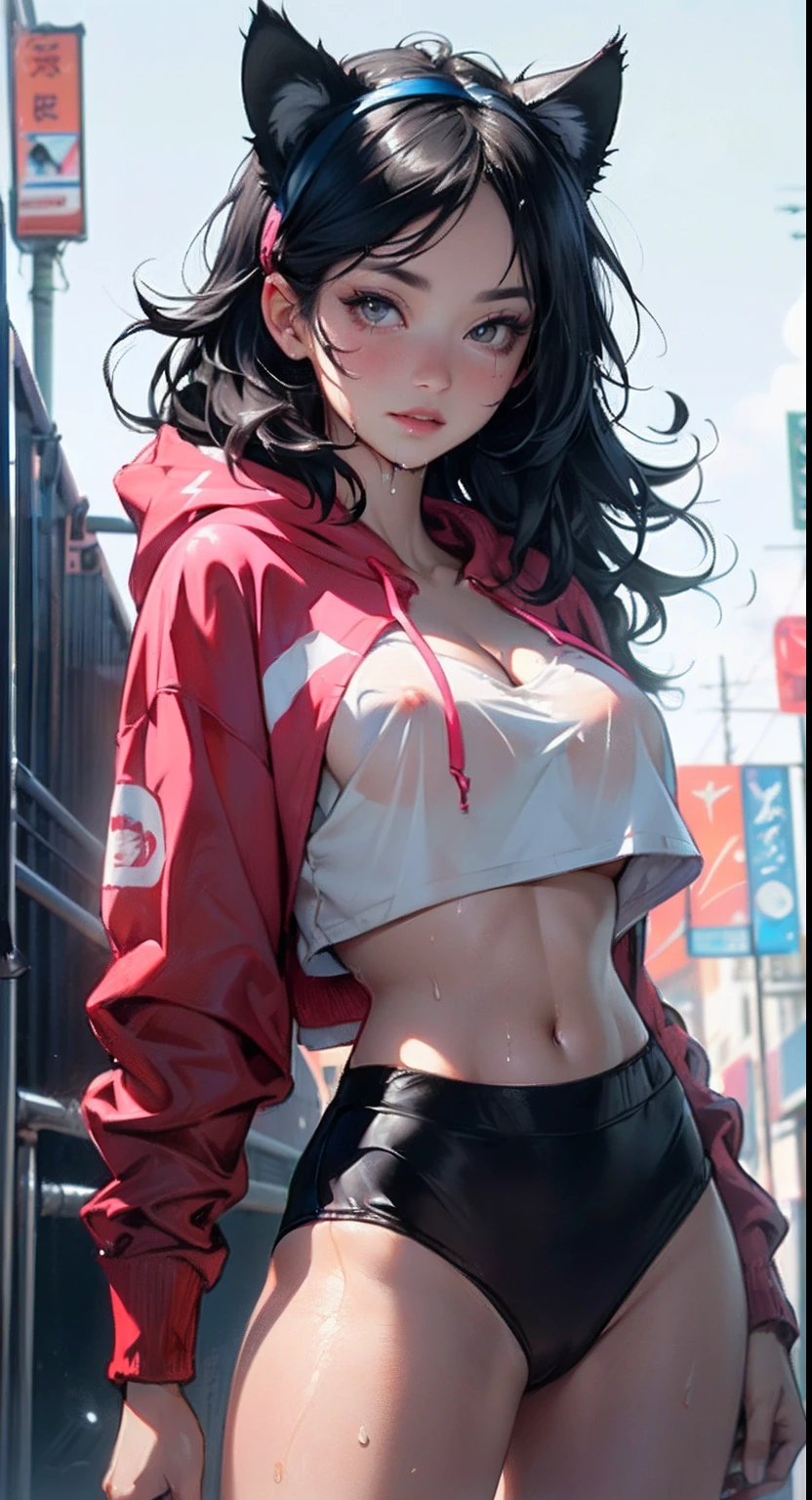 girl spacepunk,(((1girl))),((beautiful girl with bright and luminous cat ears)),
(large breasts:1.4),saggy breasts,((black hair,black messy hair,colored inner hair,large hair,absurdly long unkempt hair:1.35,long black hair,ear breathing)),((((cat ears,cat ears on head,big cat ears)))),(((pink eyes:1.3,upturned eyes:1.3,perfect eyes,beautiful detailed eyes,finely detailed beautiful eyes:1,symmetrical eyes:1))),((fat)),(((lustrous skin:1.5,bright skin: 1.5,skin tanned,shiny skin,very shiny skin,shiny body,plastic glitter skin,exaggerated shiny skin,illuminated skin,wet legs))),(spider lower abdomen,narrow waist,wide hip,athletic body,inflated legs,delicate detailed fingers,detailed body,human hands,(detailed face)),
cute,slutty,seductive,erotic,(((nsfw))),
graffiti art in clothes,zettai ryouiki,revealing clothing,show skin,(((underboob))),(cleavage),(semi-naked,with little clothing,((tiny thong)),bare legs,visible thong straps),((((crop top hoodie,cropped hoodie,hoodie,hoodie intricate)))),((wet clothes,detailed outfit,detailed clothes)),
(dynamic pose:1.0),solo focus,embarrassed,(centered,scale to fit dimensions,Rule of thirds),
cyberpunk city by the ocean at night, with bright neon signs and dark stormy clouds and puddles,
High resolution, sharp focus, (ultra detailed, extremely detailed), (photorealistic artwork:1.37), 8k wallpaper,((synthwave background theme)),(((vibrant colors))),(intricate),masterpiece,(best quality),neon colors,