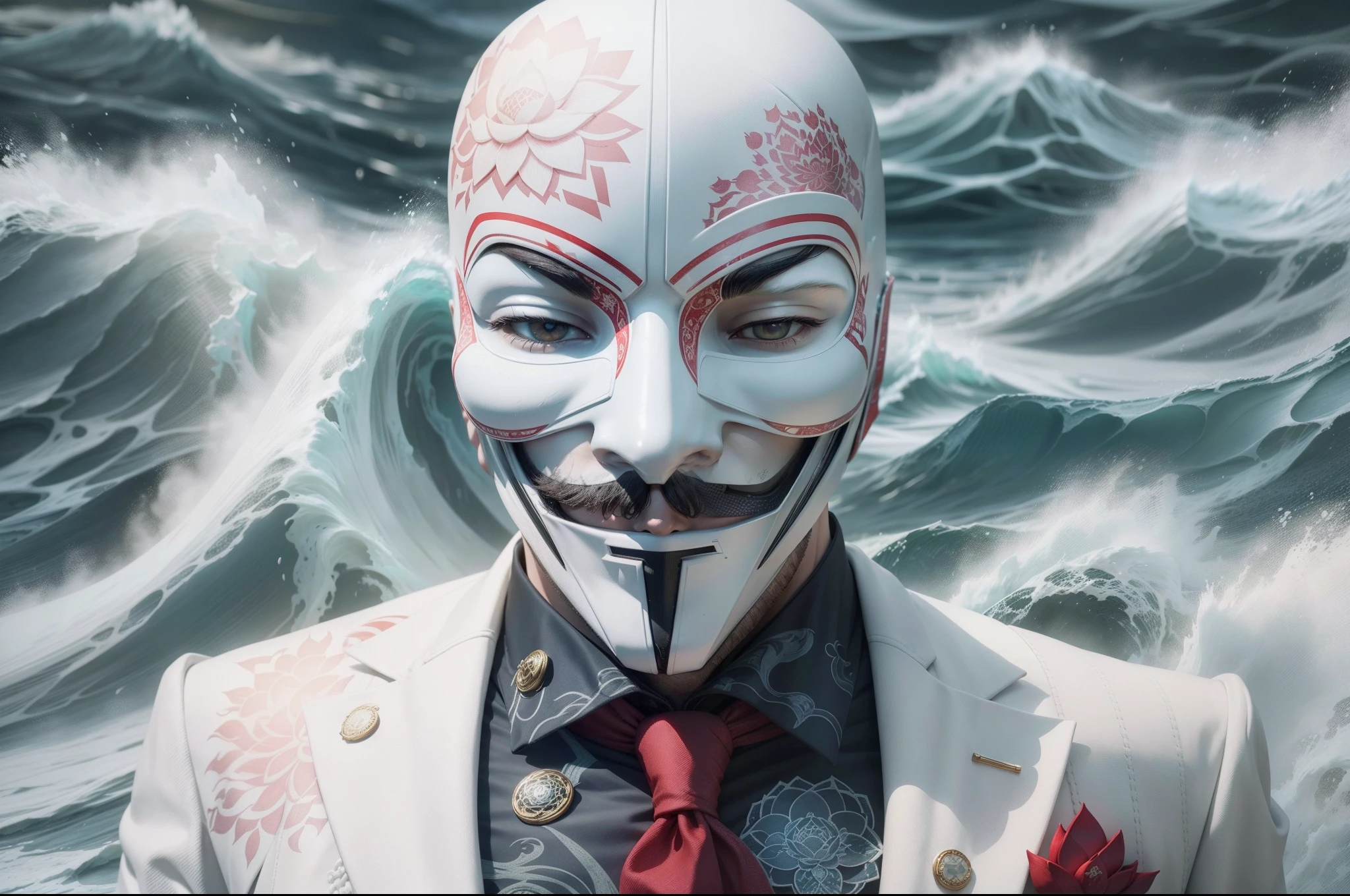 Anonymous, a revolutionary leader who wears a cool mask from the near future and hides his face, a white suit with a red lotus-patterned tie, a man standing in a stormy sea, a big stormy sea, a novel scene that brings about change, high image quality , high quality, photorealistic, 16k,