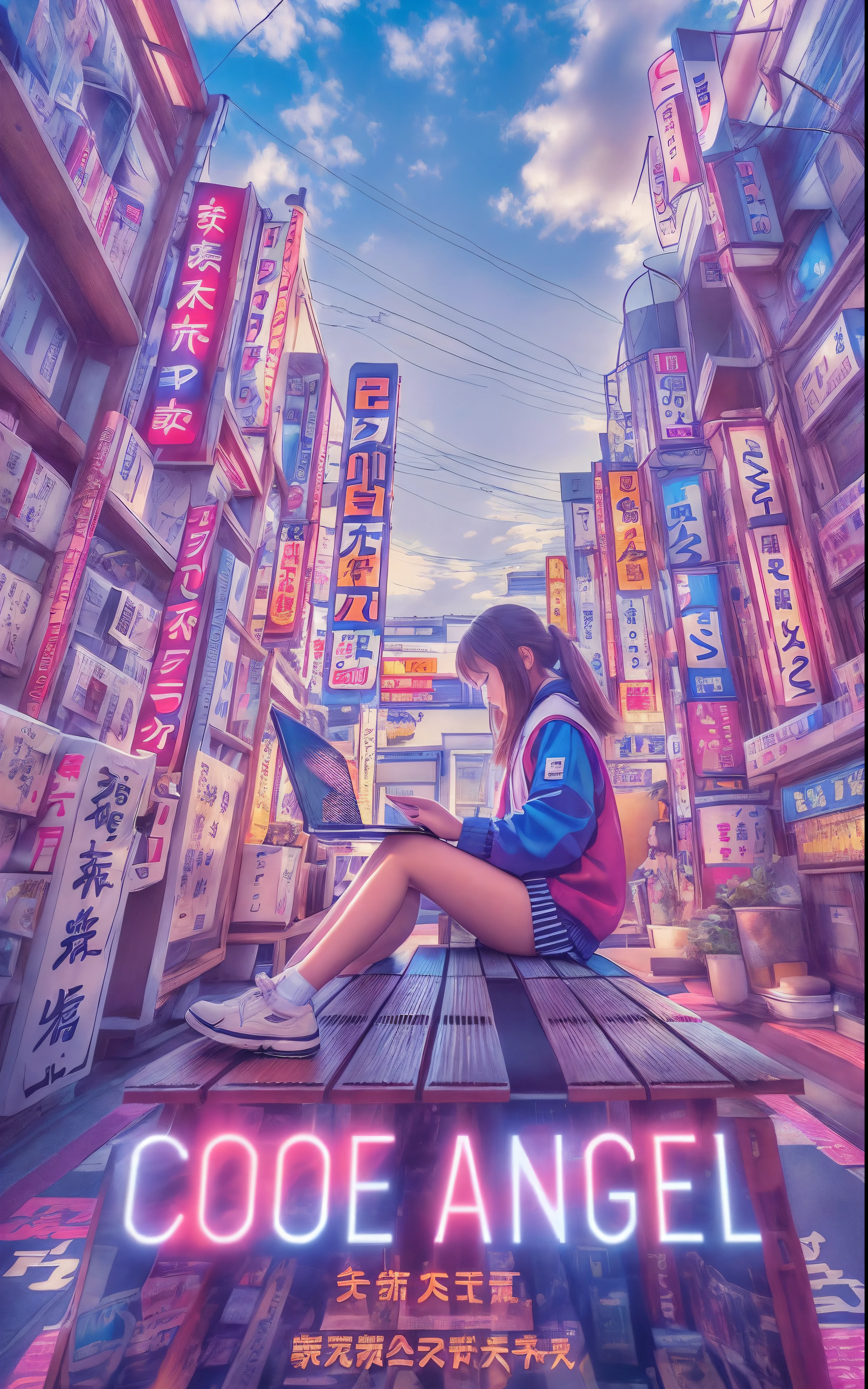 reeds! Novel Jacket, Title Text Says"Code Angel" Cinematic Photos: -yeld gisitting at a small Japan shrine between buildings in Akihabara, tokyo prefecture, Working with a laptop. The morning sun is shining. 8K, Best Rendering