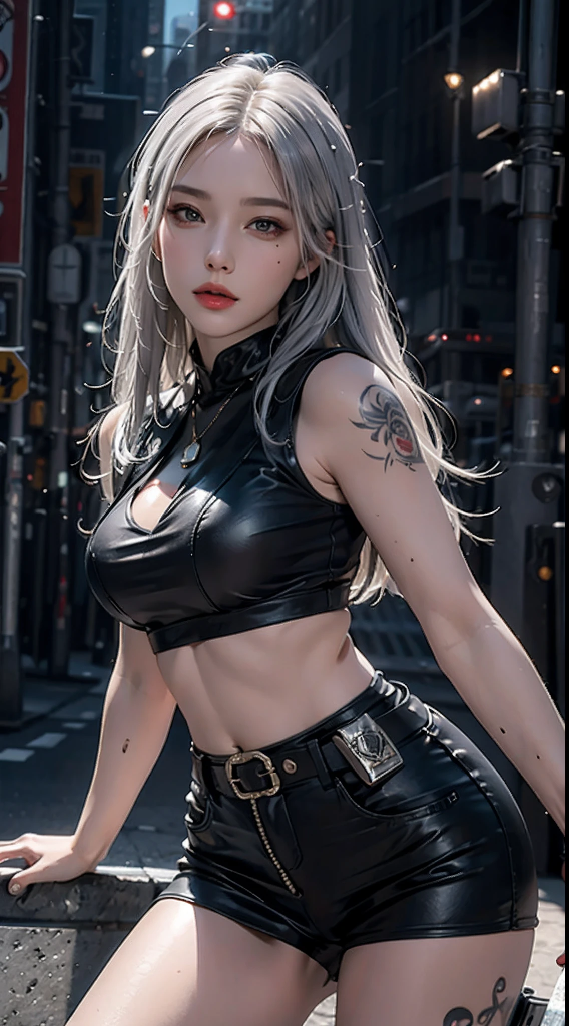 photorealistic, high resolution, 1women, solo, hips up, look at viewer, (detailed face), long hair, tattoo, jewelry, police uniform