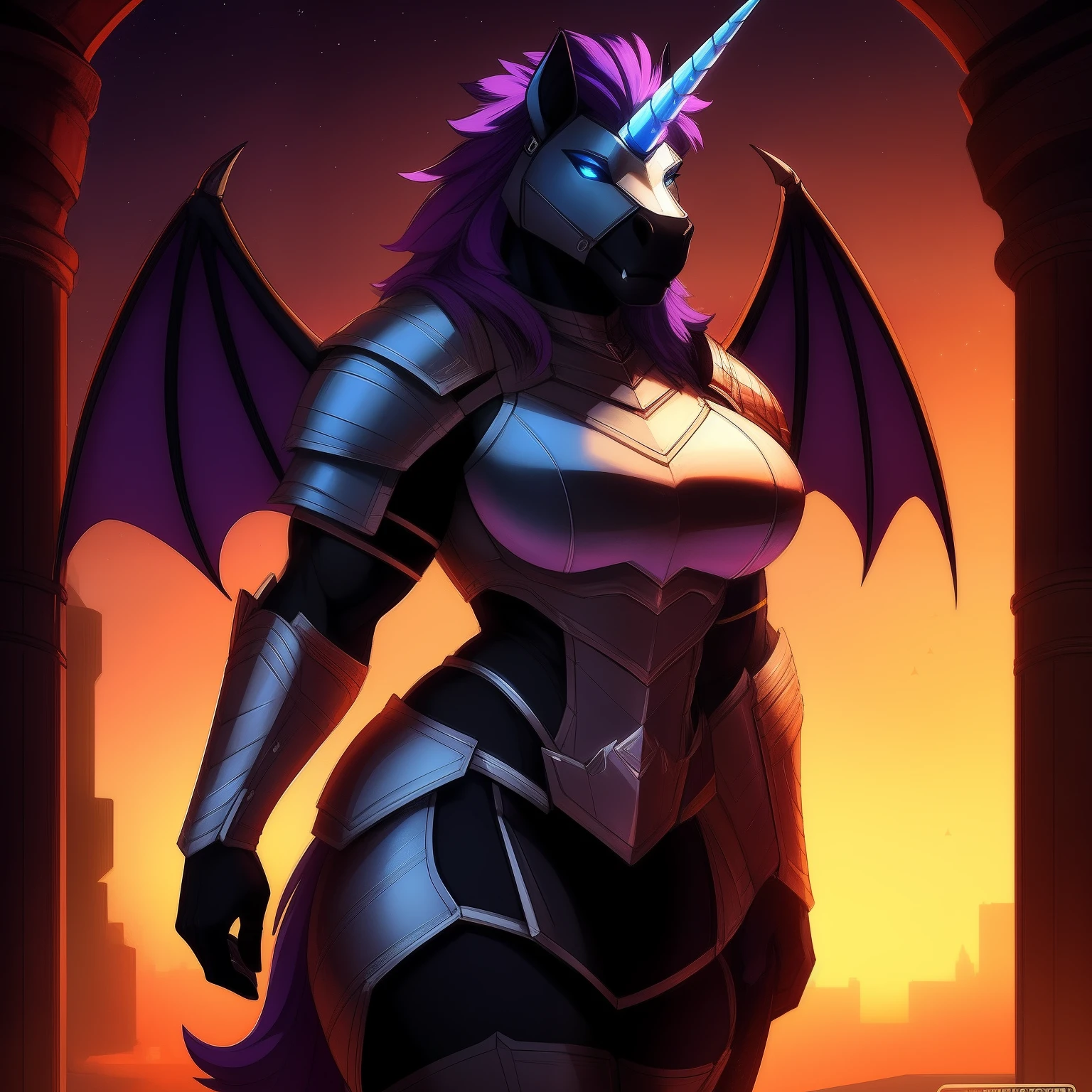 muscular_mature_horse female faded_dark_purple_mane ethereal_mane black_furry_body teal_eyes cat_eyes solo Masterpiece best_quality absurdres highly_detailed cleanly_drawn_eyes heavy_plate_armor fangs bat_wings helmet purple_eyeshadow starry_mane long_black_unicorn_horn horse_snout anthro_only seductive_gaze sultry by_claweddrip by_greasymojo by_underscore-b, by_runawaystride