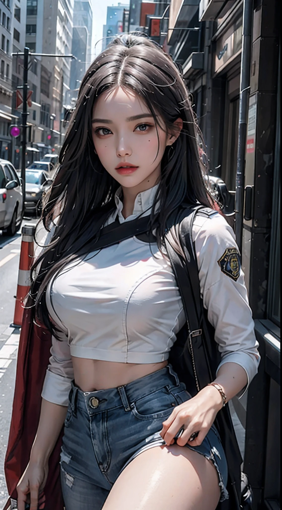 photorealistic, high resolution, 1women, solo, hips up, look at viewer, (detailed face), long hair, tattoo, jewelry, police uniform