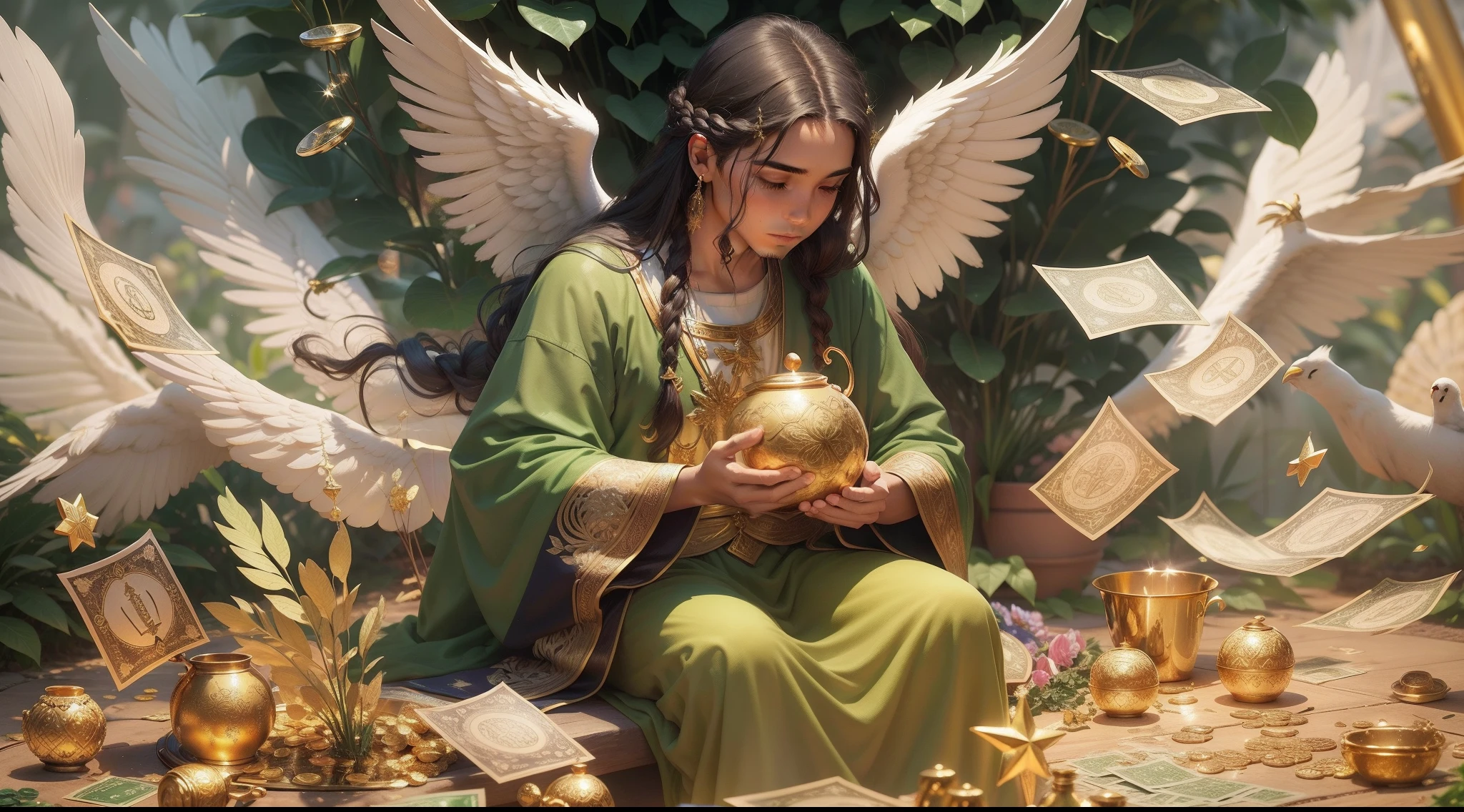 closeup do anjo abundia, religioso, Comportado, perfeito e realista, Biblical Green Clothes, long hair with braids, sitting with a pot of gold in his hands, com asas grandes coloridas, um jardim de trevos de 4 folhas, dinheiro, gold dollar siphon symbol, Background of gold pieces, chuva de ouro, Green money falling from the sky, loteria, realista, perfeito, sorteio de loteria, Lottery Grand Prize, The angel of abundance is also named as Abundia, Habone, Abundantia e Fulla, anjo homem abundia com uma cesta de ouro, ABUNDIA O ANJO DA FORTUNA