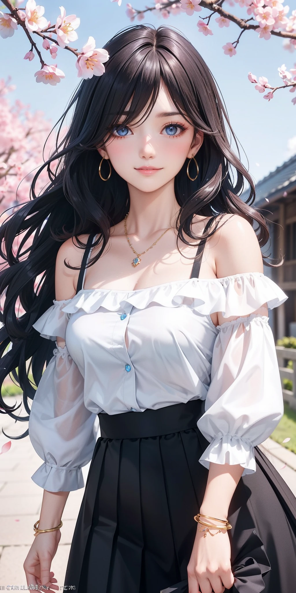 She is very beautiful and has perfect medium breasts, ((long black wavy hair, hair over one eye)) light blue eyes (detailed background), detailed landscape, 1girl, solo, looking at viewer, smile, skirt, shirt, neckline, bare shoulders, jewelry, collarbone, white shirt, outdoor, necklace, off shoulder, bracelet, (masterpiece), (best quality), (ultra detailed), (highly detailed), (detailed face) ) petals, cherry blossoms, she is in dynamic pose exuding passion