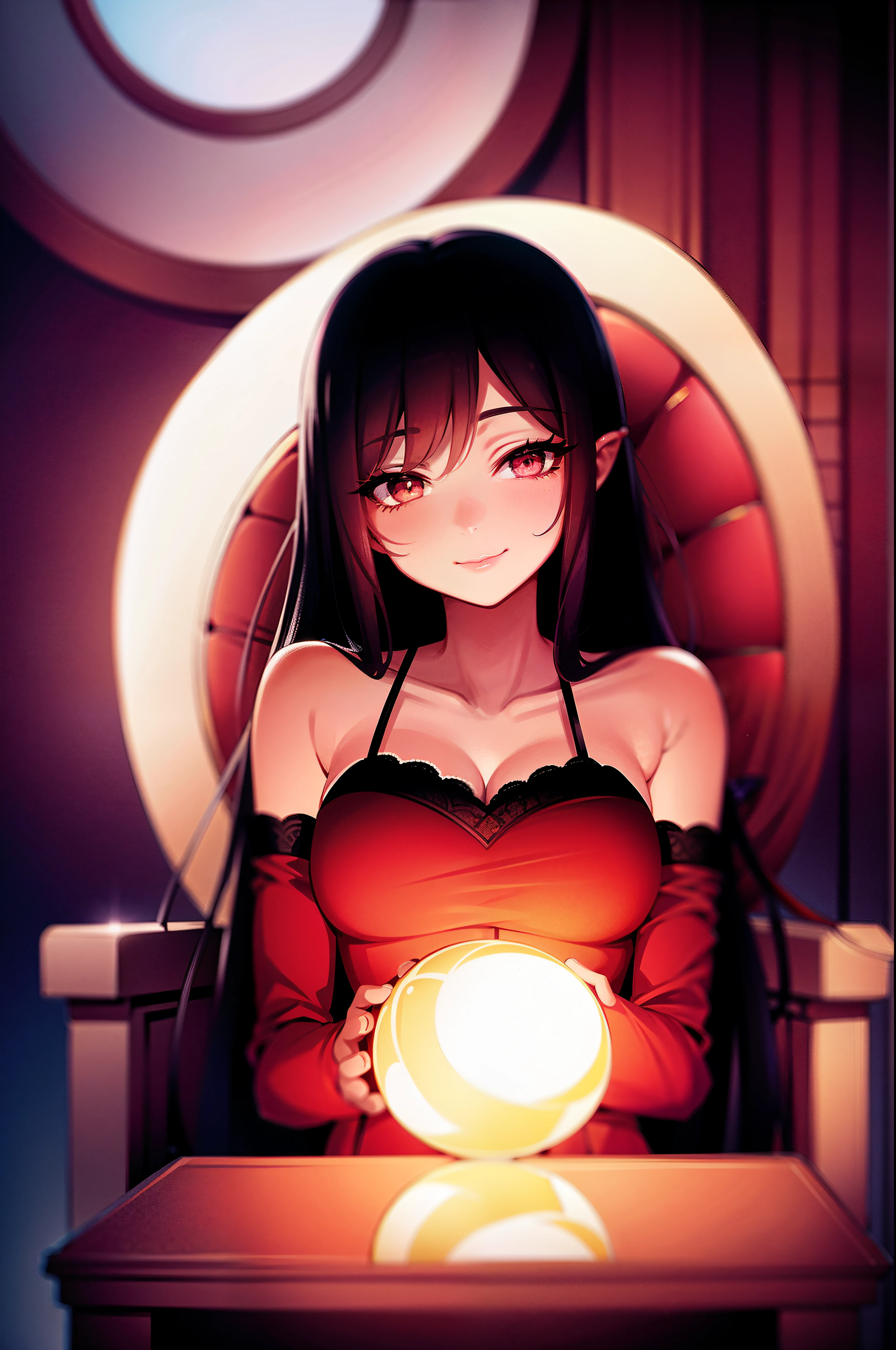 high quality, professional anime illustration, anime girl sitting on a chair holding a glowing ball, beautiful succubus, tight short dress, seductive smile, portrait, cinematic lighting, medieval, beautiful elegant demon queen, sit on gorgeous chair