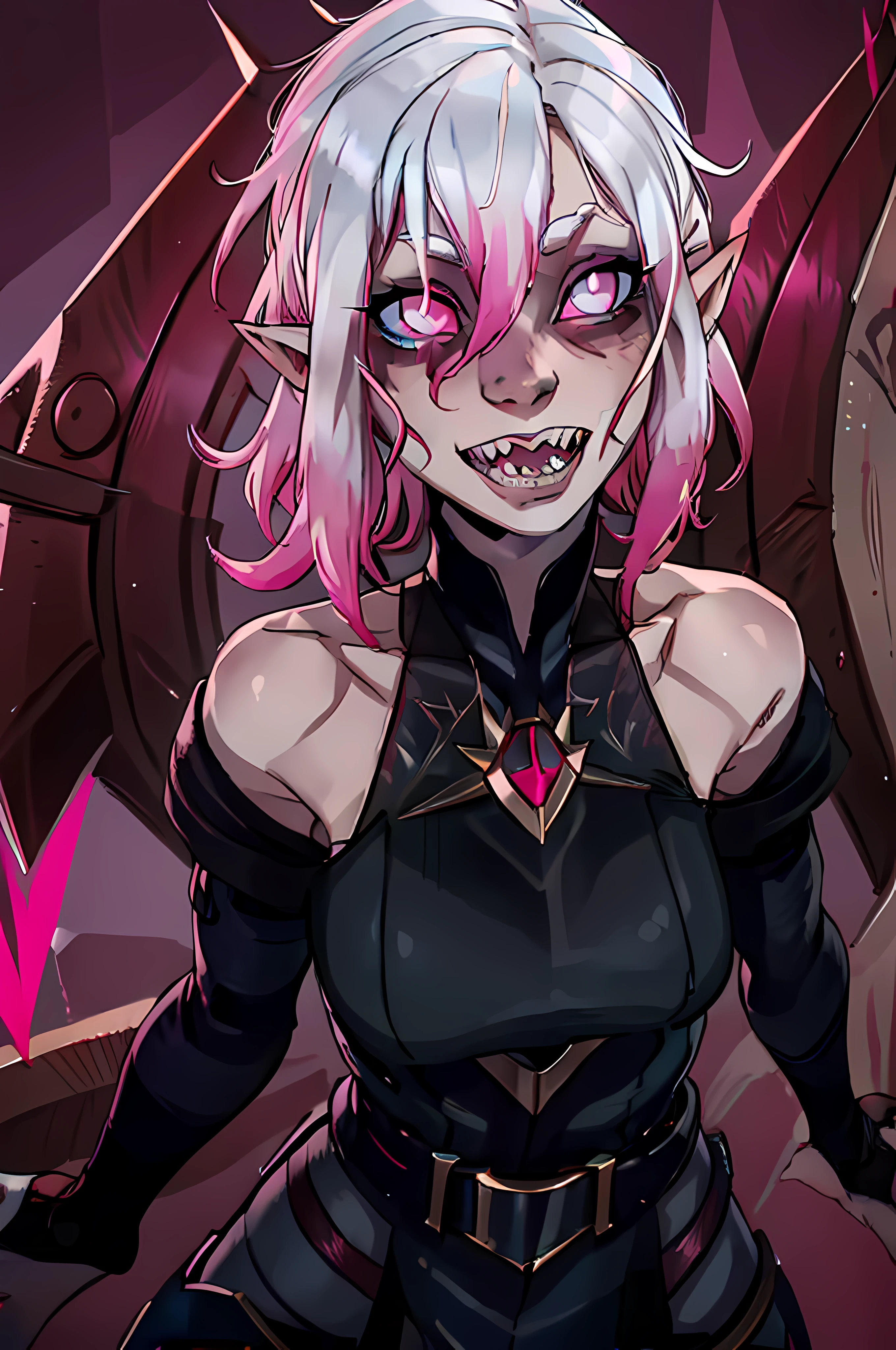 briar evbriar pillory hemolith briar, solo, 1girl, gradient hair, pink sclera, white hair, short hair, multicolored hair, grey skin, colored sclera, silver eyes, pointy ears, hair between eyes, briar, 1girl, solo, glowing, glowing eyes, hair between eyes, pillory hemolith, multicolored hair, teeth, colored sclera, sharp teeth, colored skin, silver eyes, pink sclera, bare shoulders, gradient hair, pink hair, short hair, grey skin, bangs, pointy ears, black outfit, white hair evbriar, solo, teeth, pointy ears, sharp teeth, pink eyes, holding, glowing eyes, open mouth, glowing, colored skin, power eyes, pink sclera, black outfit, grey skin, colored sclera, portrait, best quality, master piece, smile
