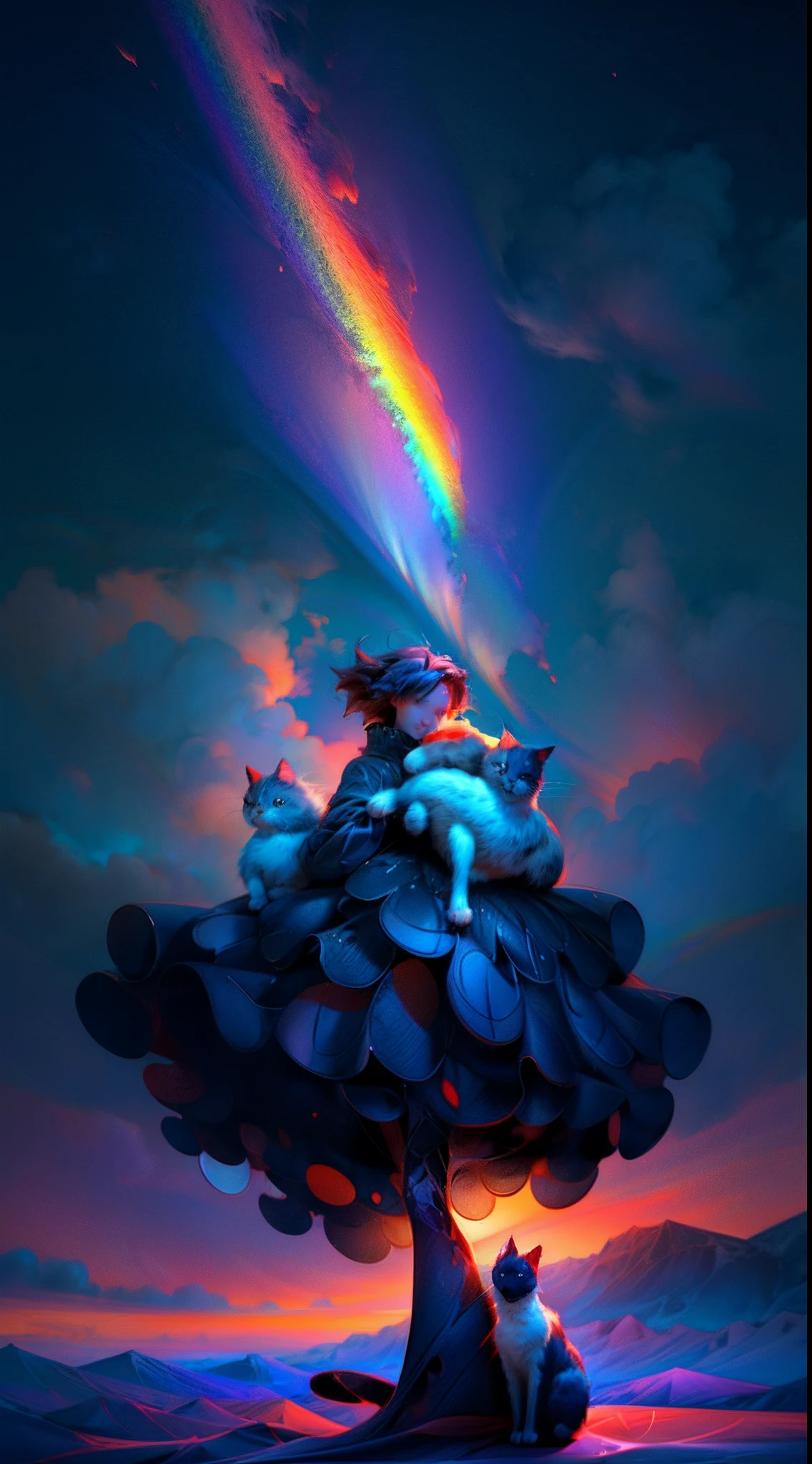 ((Rainbow Daytime Sky))、Anime girl cuddling a cat,Near Future City、 makoto shinkai cyril rolando, anime art wallpaper 4k, anime art wallpaper 4k, Anime art wallpaper 8k, inspired by Cyril Rolando, in the style dan mumford artwork, amazing wallpapers, by Yuumei