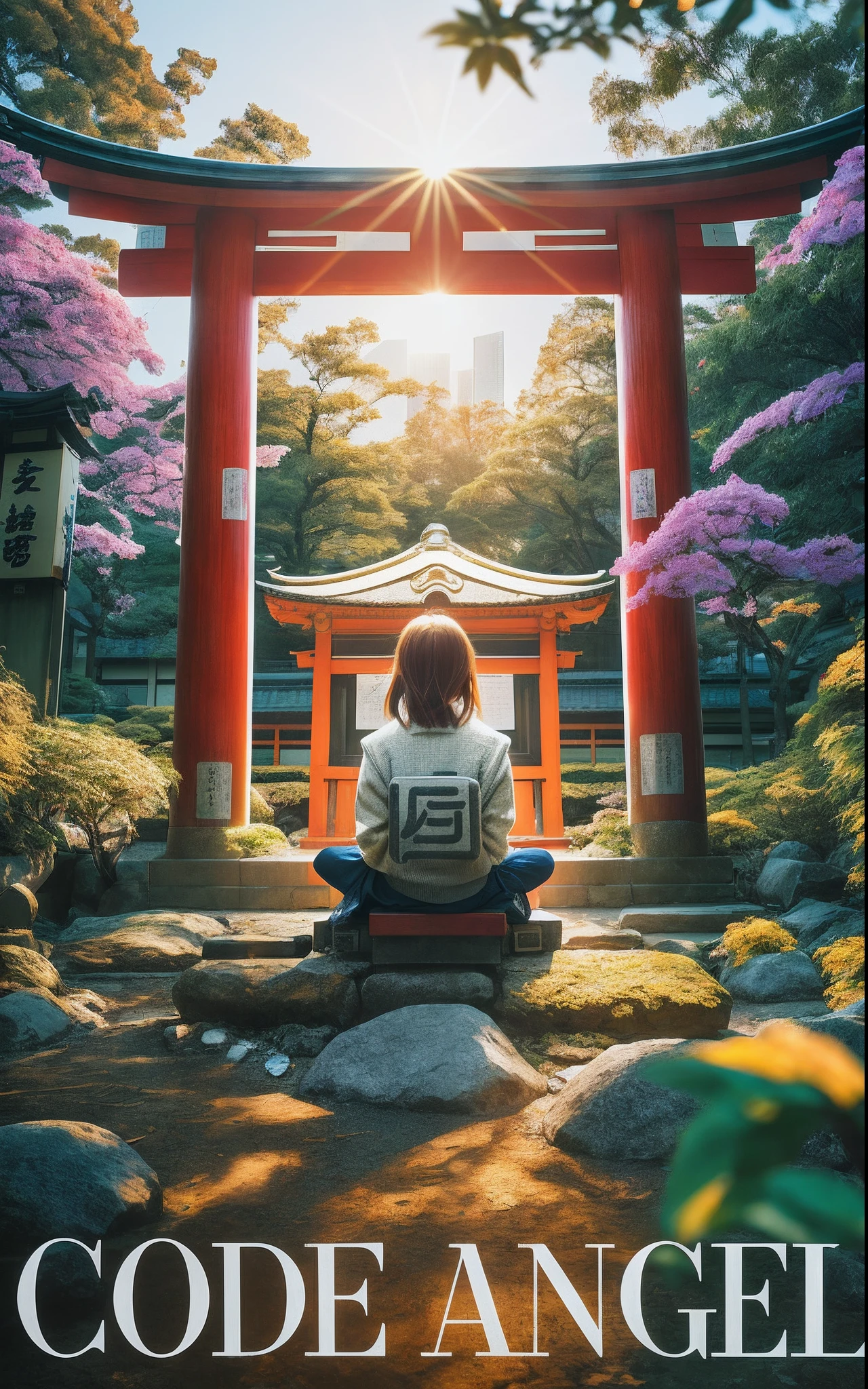 reeds! Novel Jacket, Title Text Says"Code Angel" Cinematic Photos: 13-year-old girl sitting at a small Japan shrine between buildings in Akihabara, tokyo prefecture, Working with a laptop. The morning sun is shining. 8K, Best Rendering