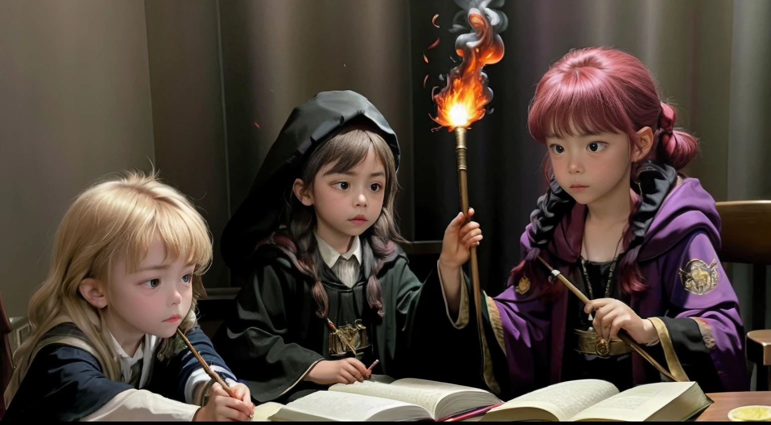 On the fingers;puffing smoke;Fire on the fingers;A group of children;Wear black magic robes;Wand in hand