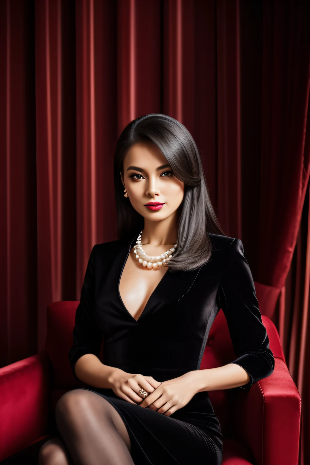 An elegant lady in a tailored black outfit, her face illuminated by a single spotlight, sitting in a plush armchair, straight hair falling over her shoulders, eyes exuding a seductive look yet her mouth set in a serious expression, a love counselor, wearing red lipstick and a pearl necklace, background featuring bookshelves filled with relationship books and a velvet curtain, atmosphere of sophistication with a touch of mystery, Photography, DSLR with a 50mm f/1.8 lens, --ar 16:9 --v 5