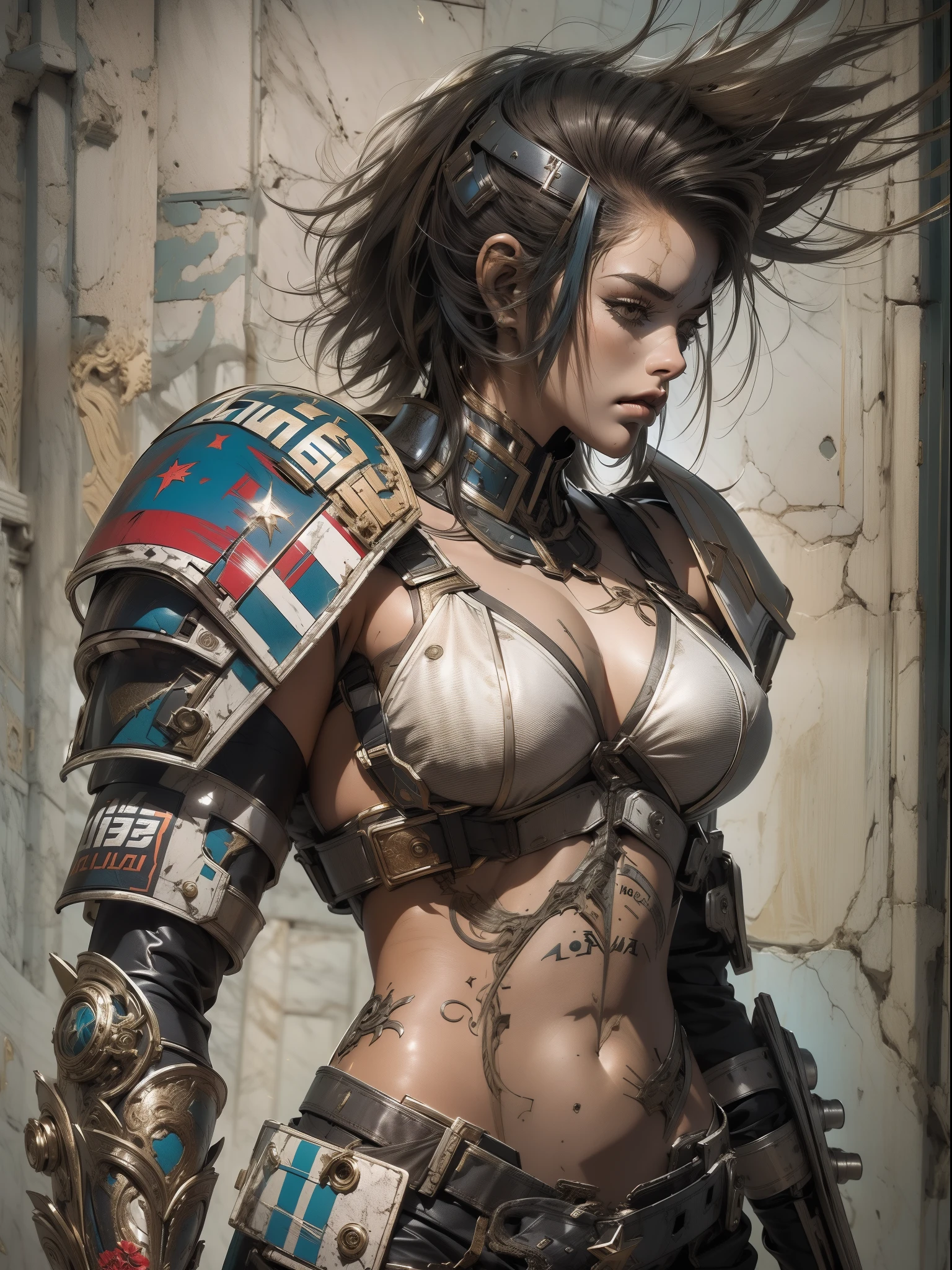 (((mulher))), (((melhor qualidade))), (((obra prima))), (((adulto))), (((1girl))), ((( corte de cabelo bob ))), Uma gladiadora cyberpunk mulher de 25 anos com corpo perfeito, shoulder pads with metal spines, Gladiadores do Brooklyn, (( corte de cabelo bob )), tiny leather panties, camiseta de time de rugby rasgada, quase nua no estilo selvagem urbano de Simon Bisley para a capa da revista Heavy Metal, Cabelo loiro curto, Minimum clothing, Metal protection on the left arm with intricate graphics, Dark red with white stars and blue and white striped pattern, armadura, cheio de pontas e rebites, tatuagem de veneno (((do joelho pra cima))), cabelos loiro branco curto, no fundo uma parede pintada por Shepard Fairey com um design intrincado