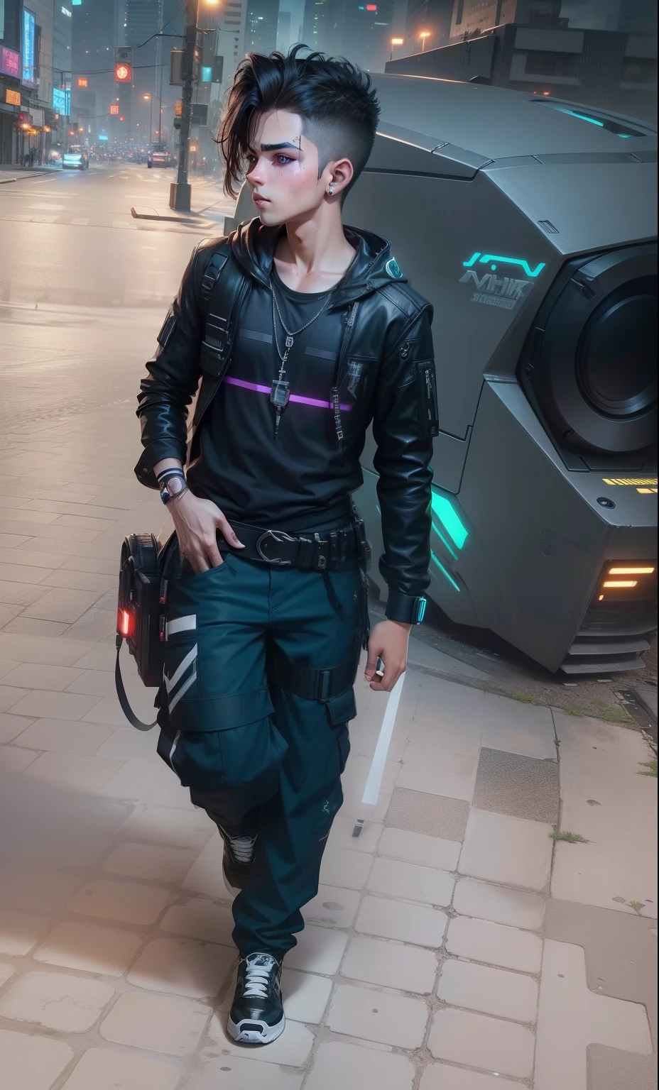Change background cyberpunk handsome boy, realistic face, 8k, ultra realistic, cute boy,
Real face, neon,