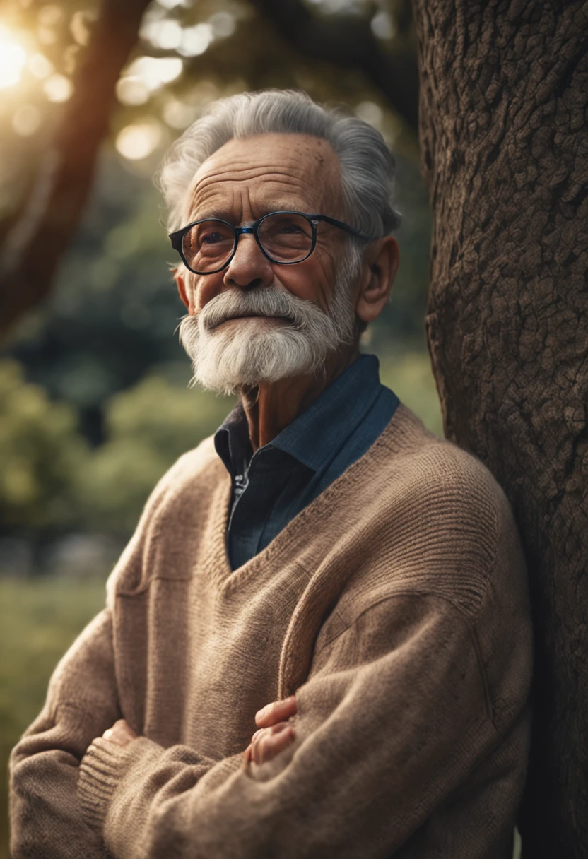 "desenho ultra realista em 8k, Elderly and lonely man of appearance of approximately 70 years. He's wearing a sweater, tem uma barba, wears thin-framed glasses, with a charismatic and gentle countenance. The scene takes place under a tree, amidst nature."