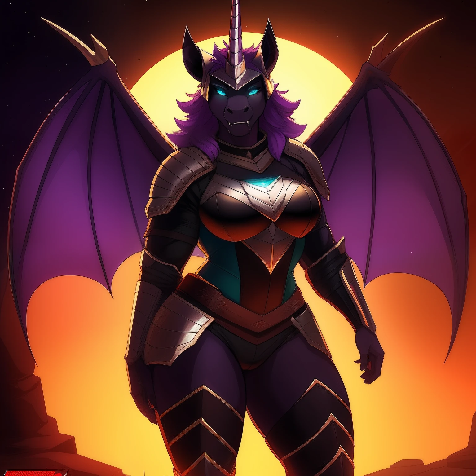 muscular_mature_horse female faded_dark_purple_mane ethereal_mane black_furry_body teal_eyes cat_eyes solo Masterpiece best_quality absurdres highly_detailed cleanly_drawn_eyes heavy_plate_armor fangs bat_wings helmet purple_eyeshadow starry_mane long_black_unicorn_horn horse_snout anthro_only seductive_gaze sultry by_claweddrip by_greasymojo by_underscore-b, by_runawaystride